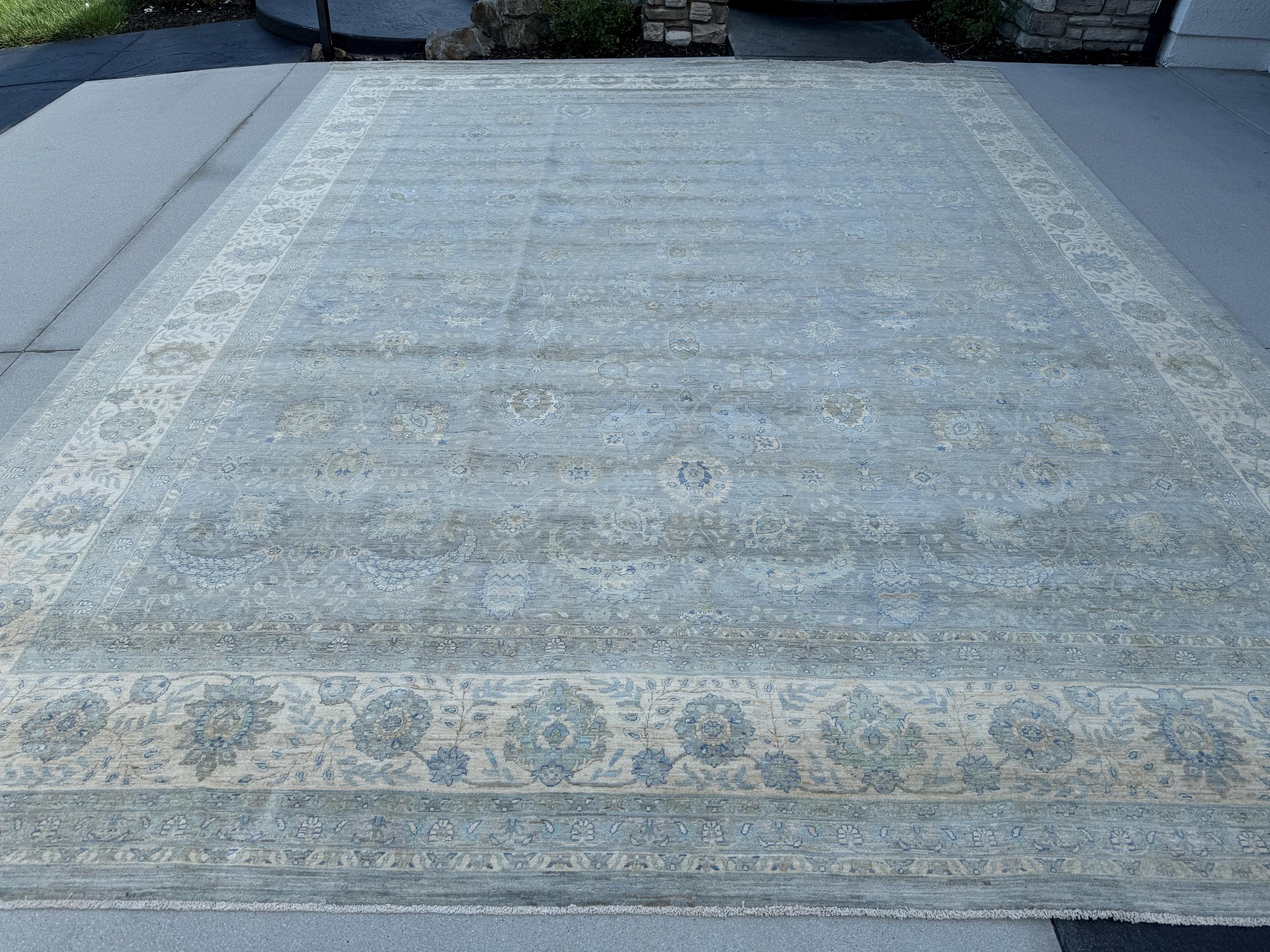 12x15 (339 x 457cm) Handmade Afghan Rug | Light Slate Charcoal Grey Light Powder Duck Egg Prussian Blue Mocha Brown Ivory Cream Beige