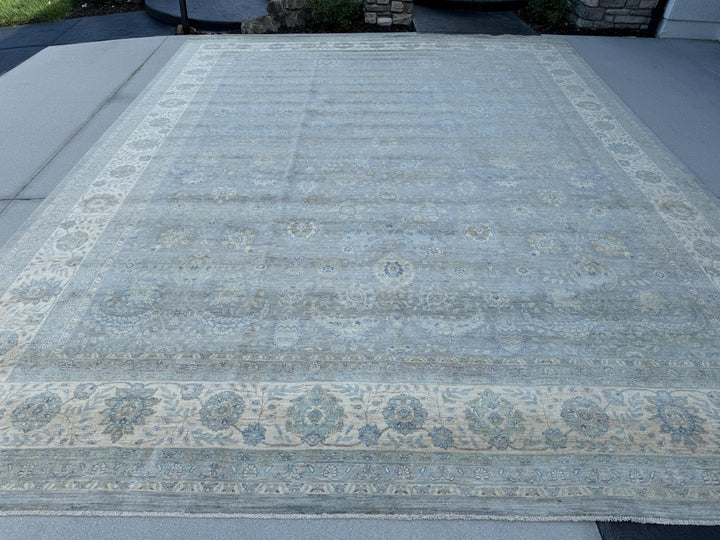 12x15 (339 x 457cm) Handmade Afghan Rug | Light Slate Charcoal Grey Light Powder Duck Egg Prussian Blue Mocha Brown Ivory Cream Beige