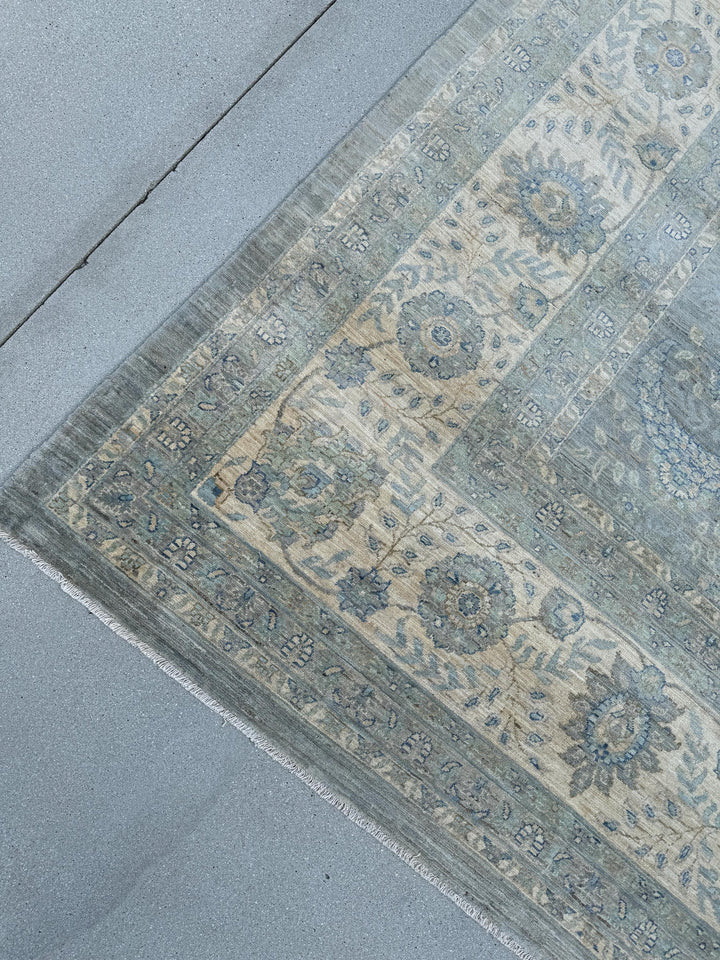 12x15 (339 x 457cm) Handmade Afghan Rug | Light Slate Charcoal Grey Light Powder Duck Egg Prussian Blue Mocha Brown Ivory Cream Beige