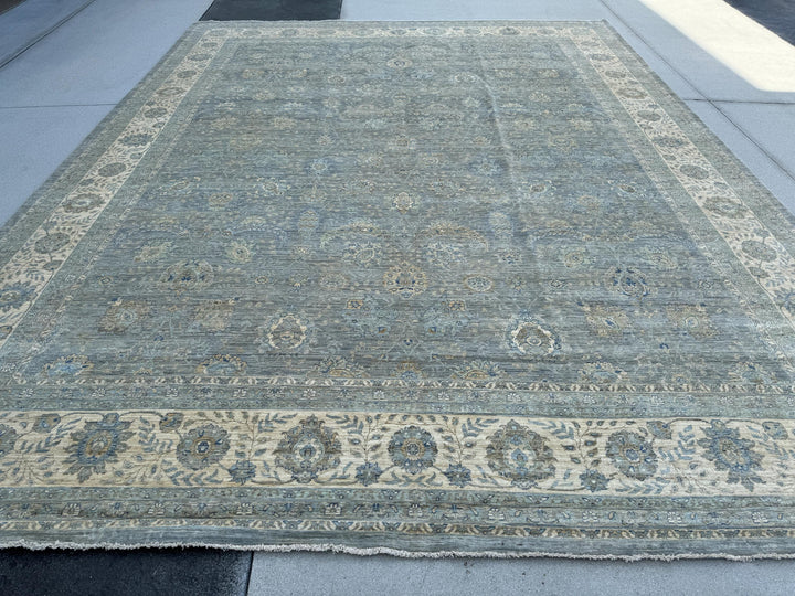 12x15 (339 x 457cm) Handmade Afghan Rug | Light Slate Charcoal Grey Light Powder Duck Egg Prussian Blue Mocha Brown Ivory Cream Beige