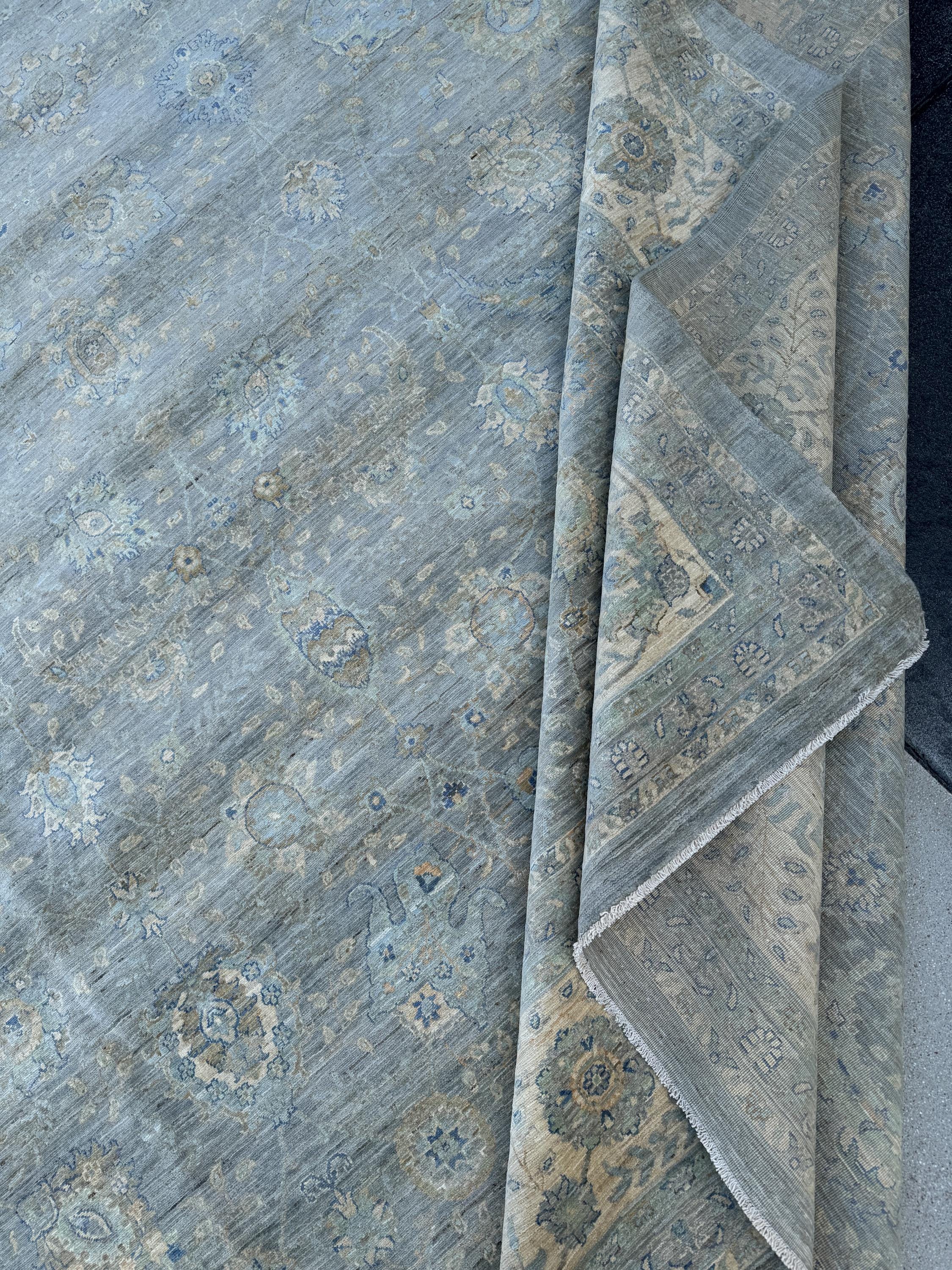 12x15 (339 x 457cm) Handmade Afghan Rug | Light Slate Charcoal Grey Light Powder Duck Egg Prussian Blue Mocha Brown Ivory Cream Beige