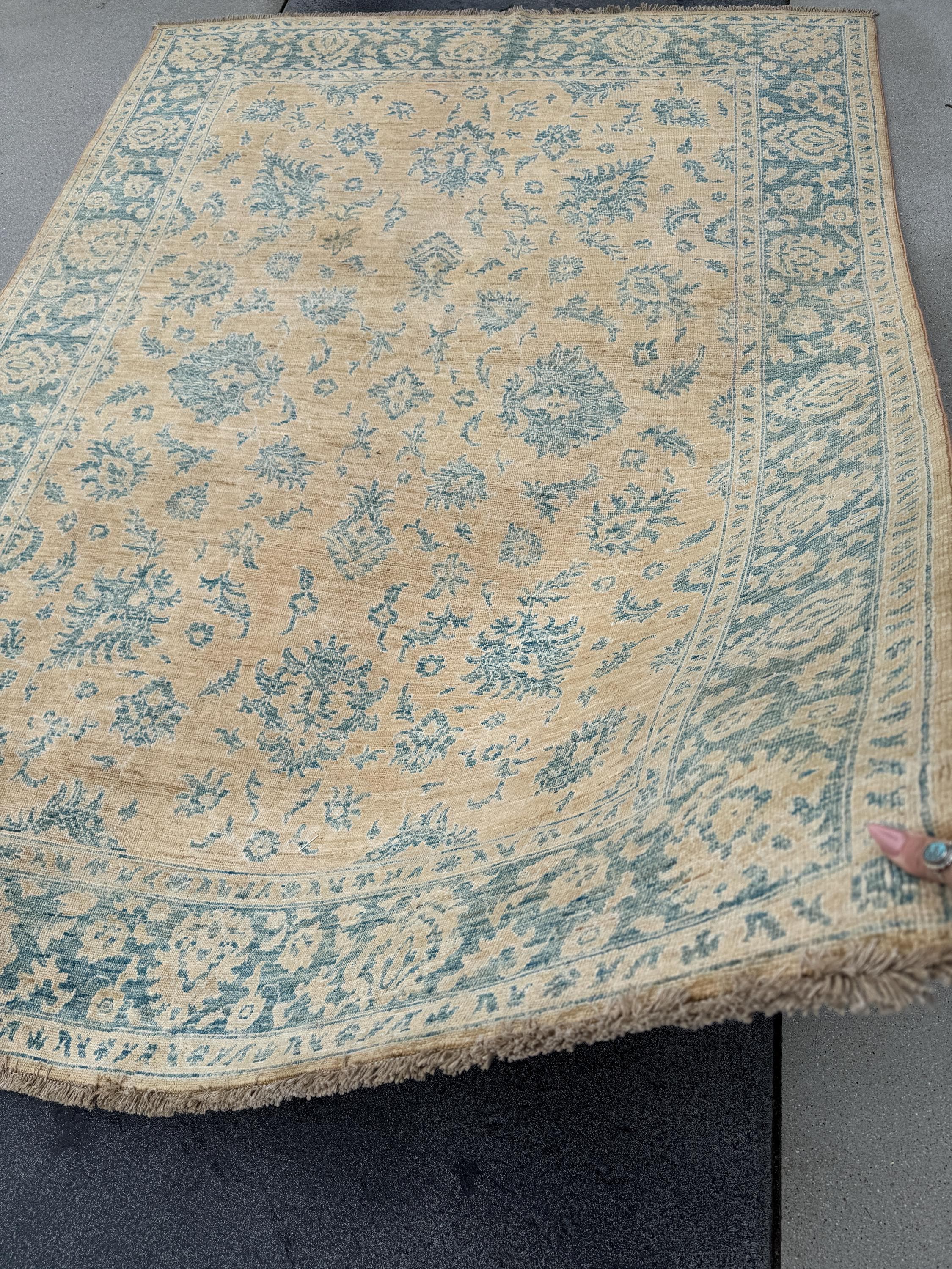 6x8 Handmade Afghan Wool Rug | Traditional Floral Border | Beige And Blue Area Rug