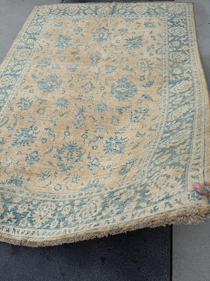 6x8 Handmade Afghan Wool Rug | Traditional Floral Border | Beige And Blue Area Rug