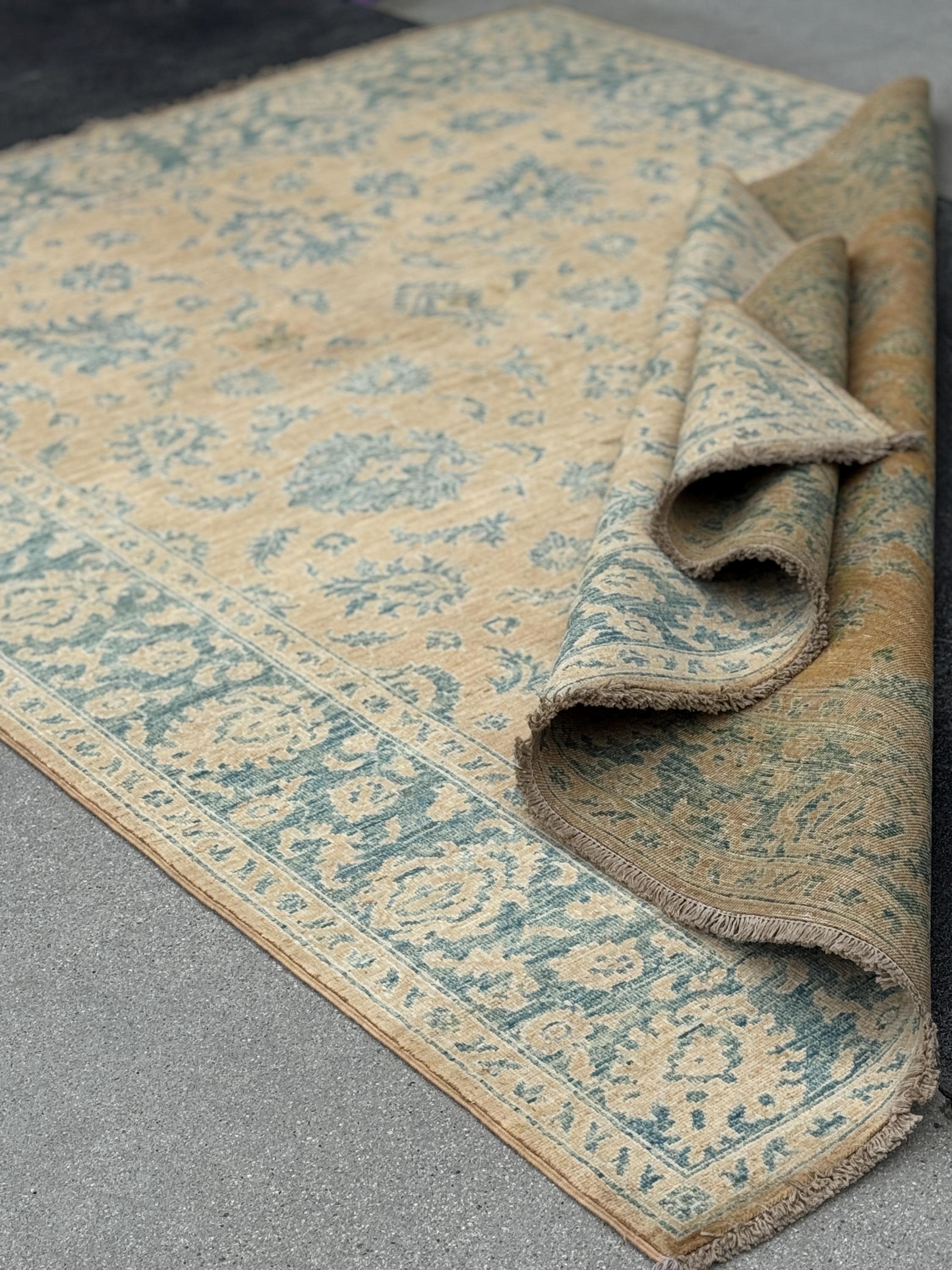 6x8 Handmade Afghan Wool Rug | Traditional Floral Border | Beige And Blue Area Rug