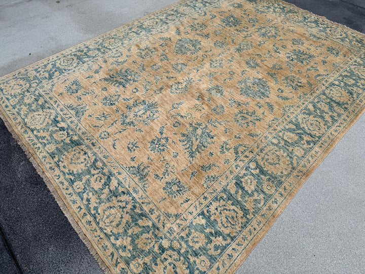6x8 Handmade Afghan Wool Rug | Traditional Floral Border | Beige And Blue Area Rug