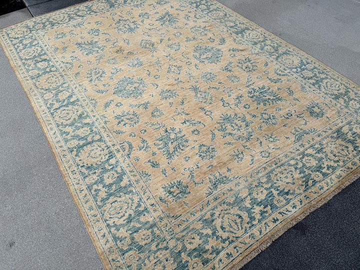 6x8 Handmade Afghan Wool Rug | Traditional Floral Border | Beige And Blue Area Rug