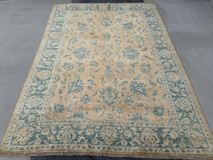 6x8 Handmade Afghan Wool Rug | Traditional Floral Border | Beige And Blue Area Rug