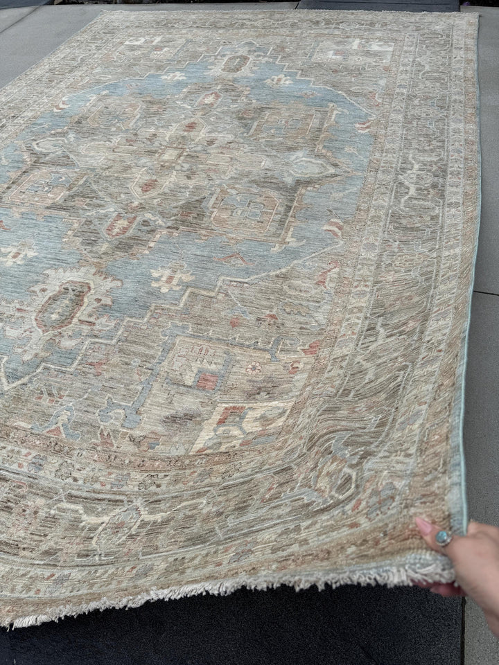 10x14 Handmade Afghan Wool Rug | Traditional Medallion Design | Taupe And Blue Area Rug