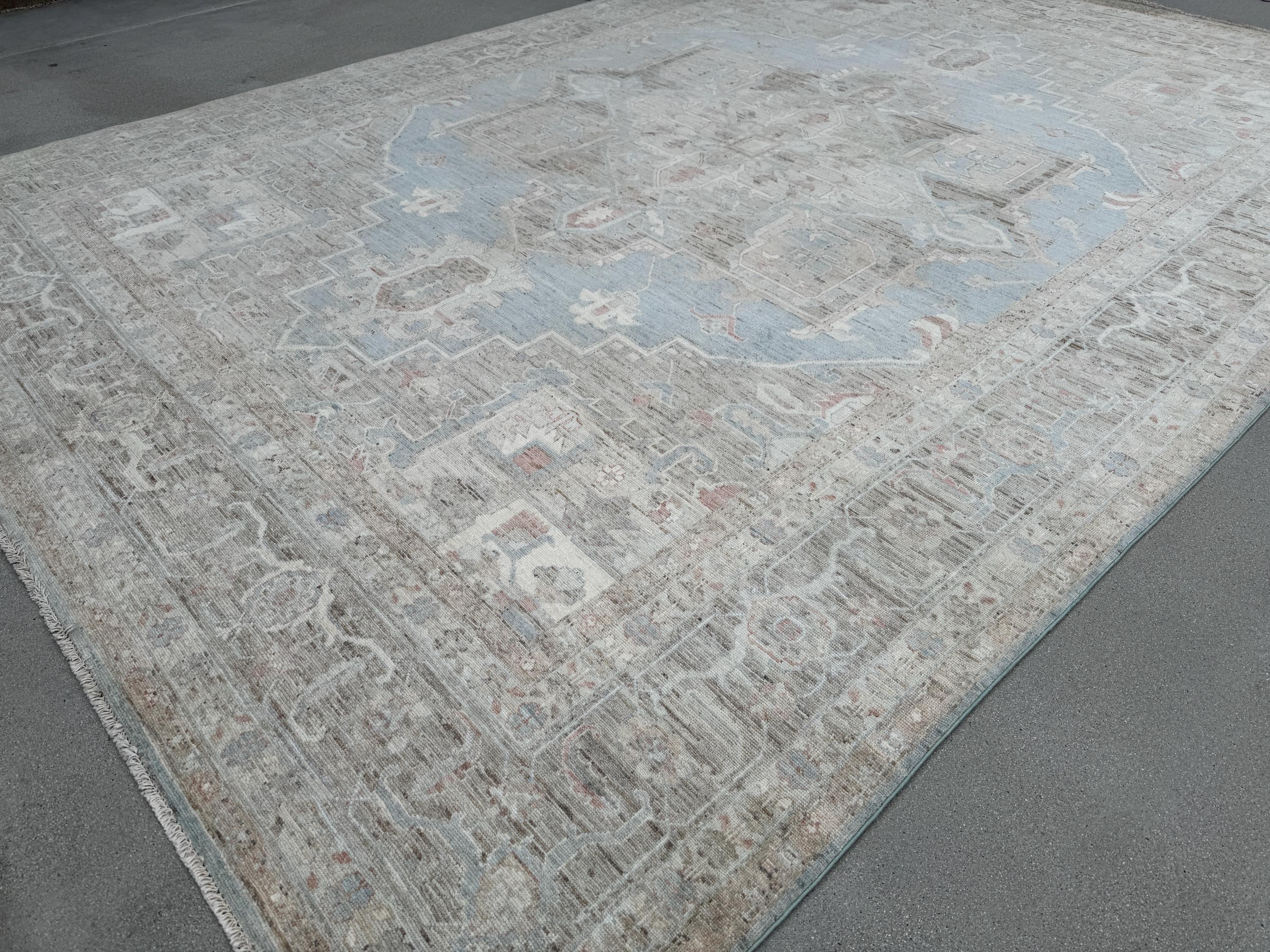 10x14 Handmade Afghan Wool Rug | Traditional Medallion Design | Taupe And Blue Area Rug