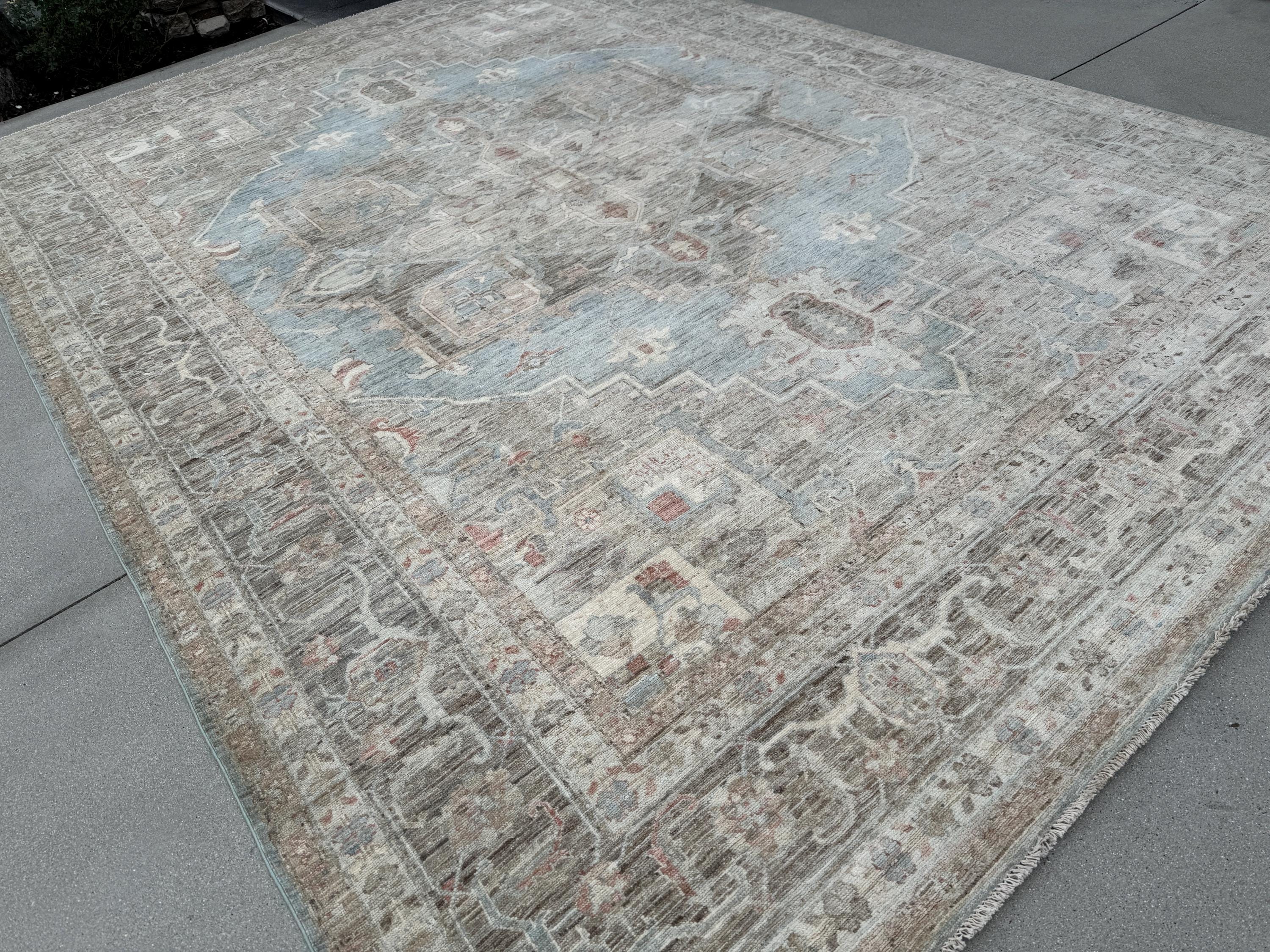 10x14 Handmade Afghan Wool Rug | Traditional Medallion Design | Taupe And Blue Area Rug