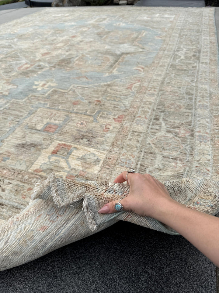 10x14 Handmade Afghan Wool Rug | Traditional Medallion Design | Taupe And Blue Area Rug