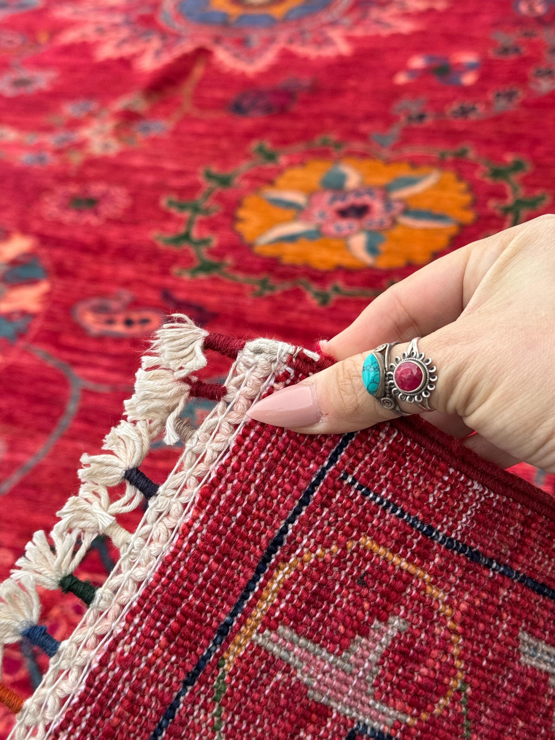 7x10 Handmade Afghan Wool Rug | Bold Floral Medallion Design | Red Statement Area Rug