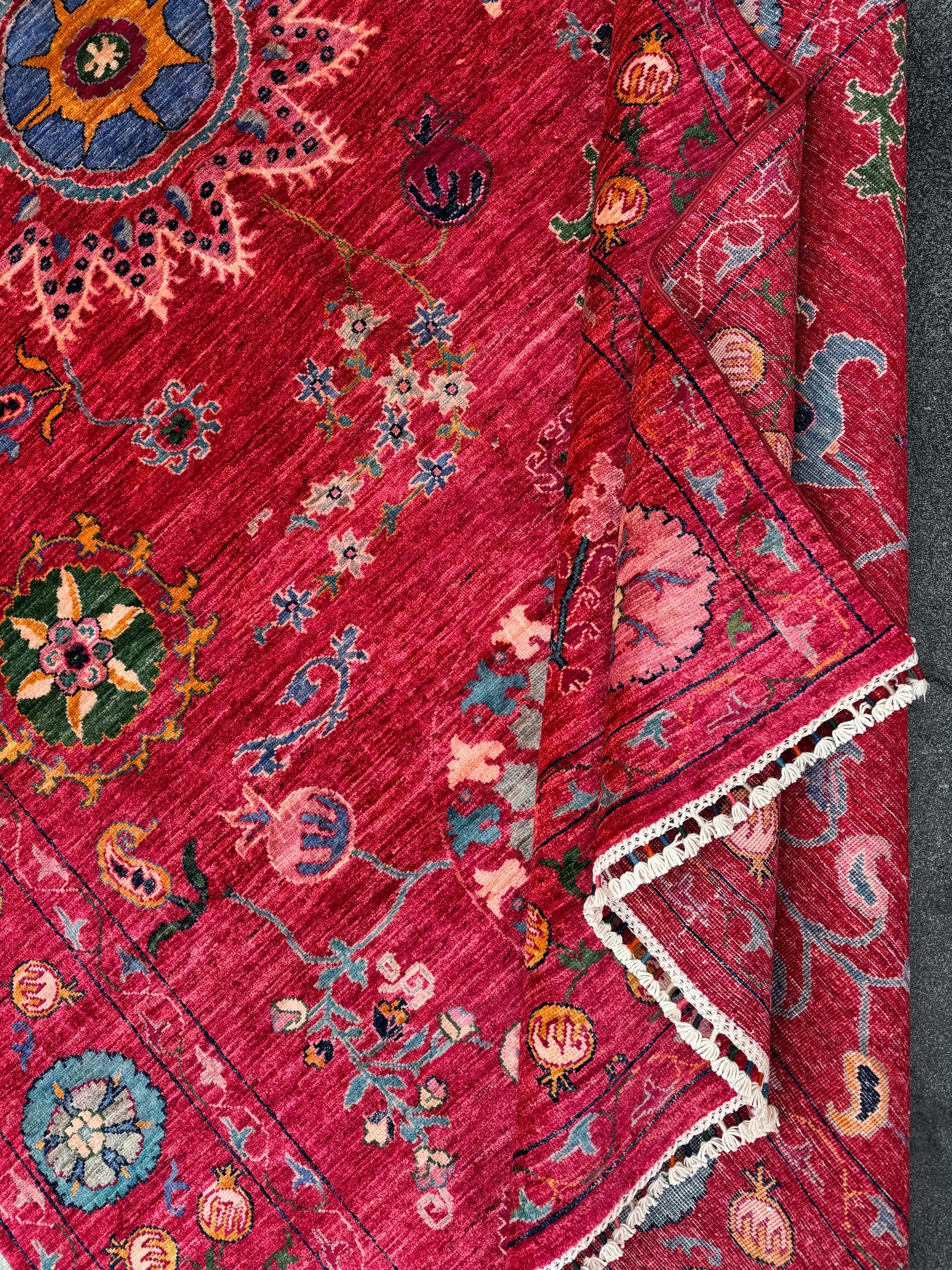 7x10 Handmade Afghan Wool Rug | Bold Floral Medallion Design | Red Statement Area Rug
