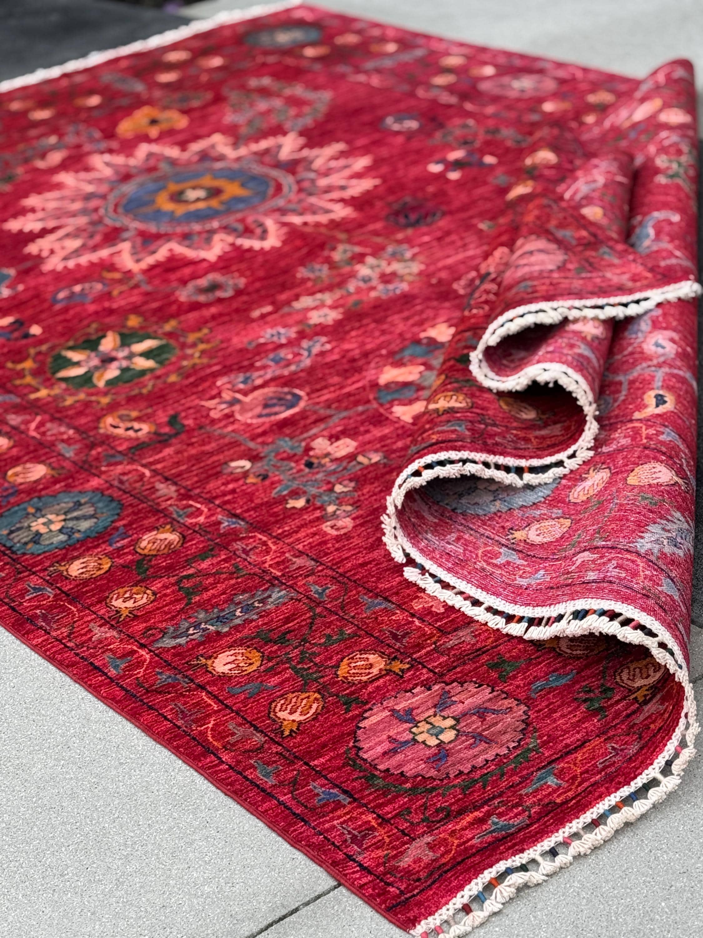 7x10 Handmade Afghan Wool Rug | Bold Floral Medallion Design | Red Statement Area Rug