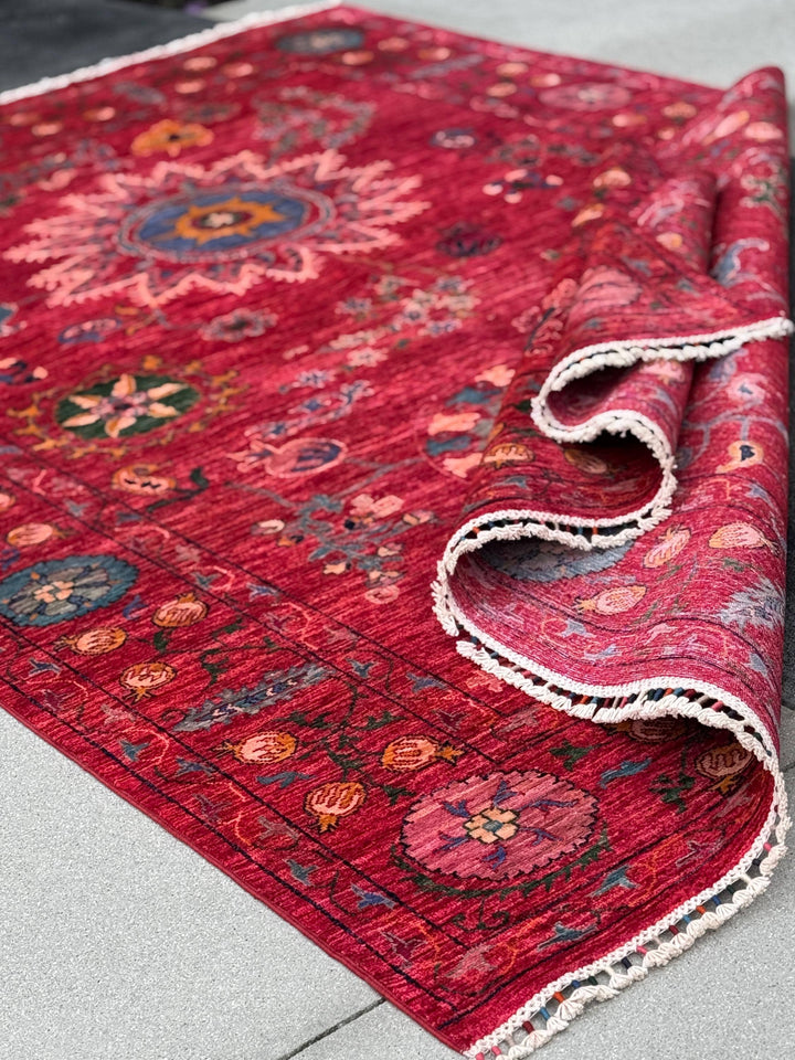 7x10 Handmade Afghan Wool Rug | Bold Floral Medallion Design | Red Statement Area Rug