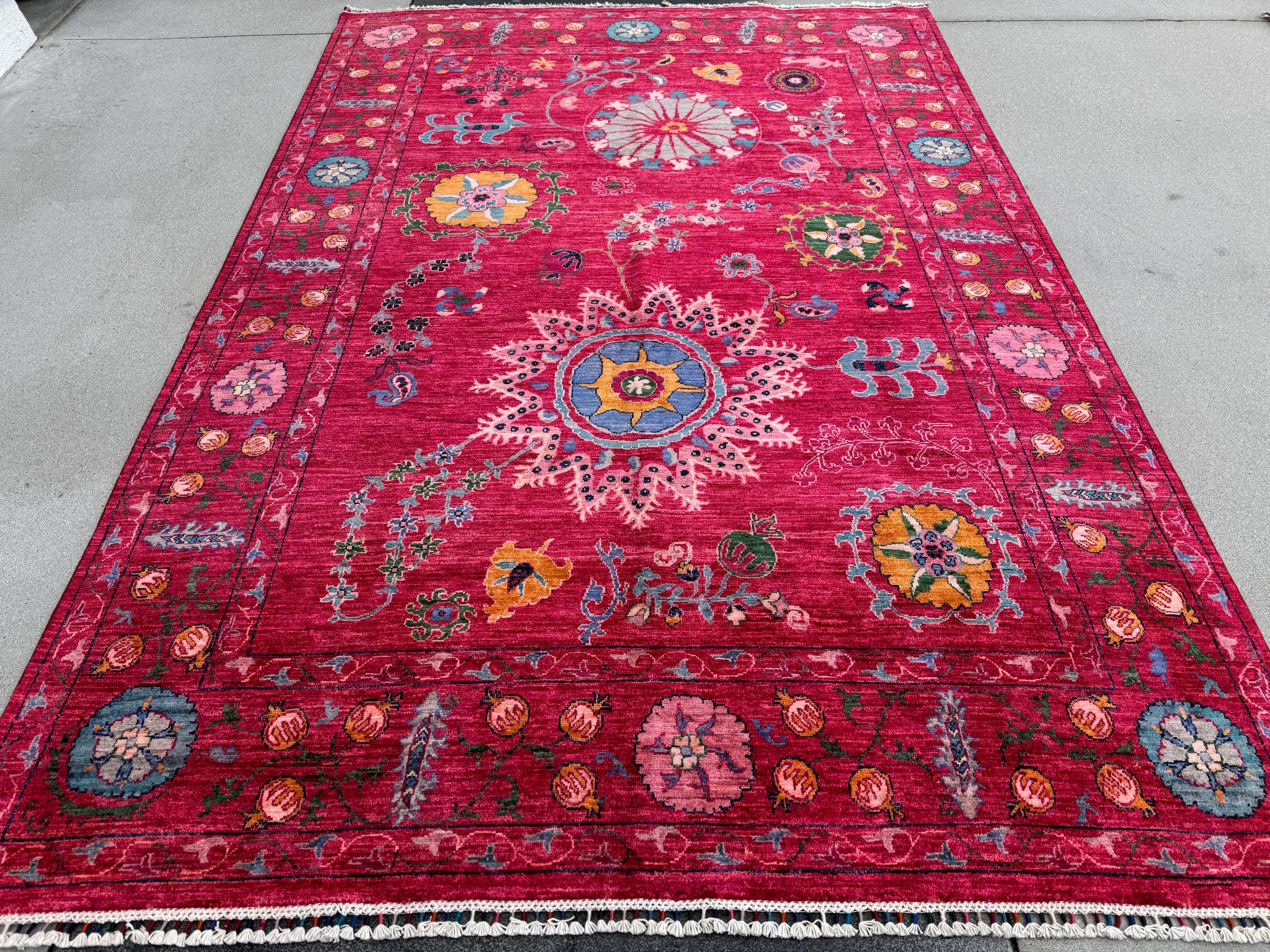 7x10 Handmade Afghan Wool Rug | Bold Floral Medallion Design | Red Statement Area Rug