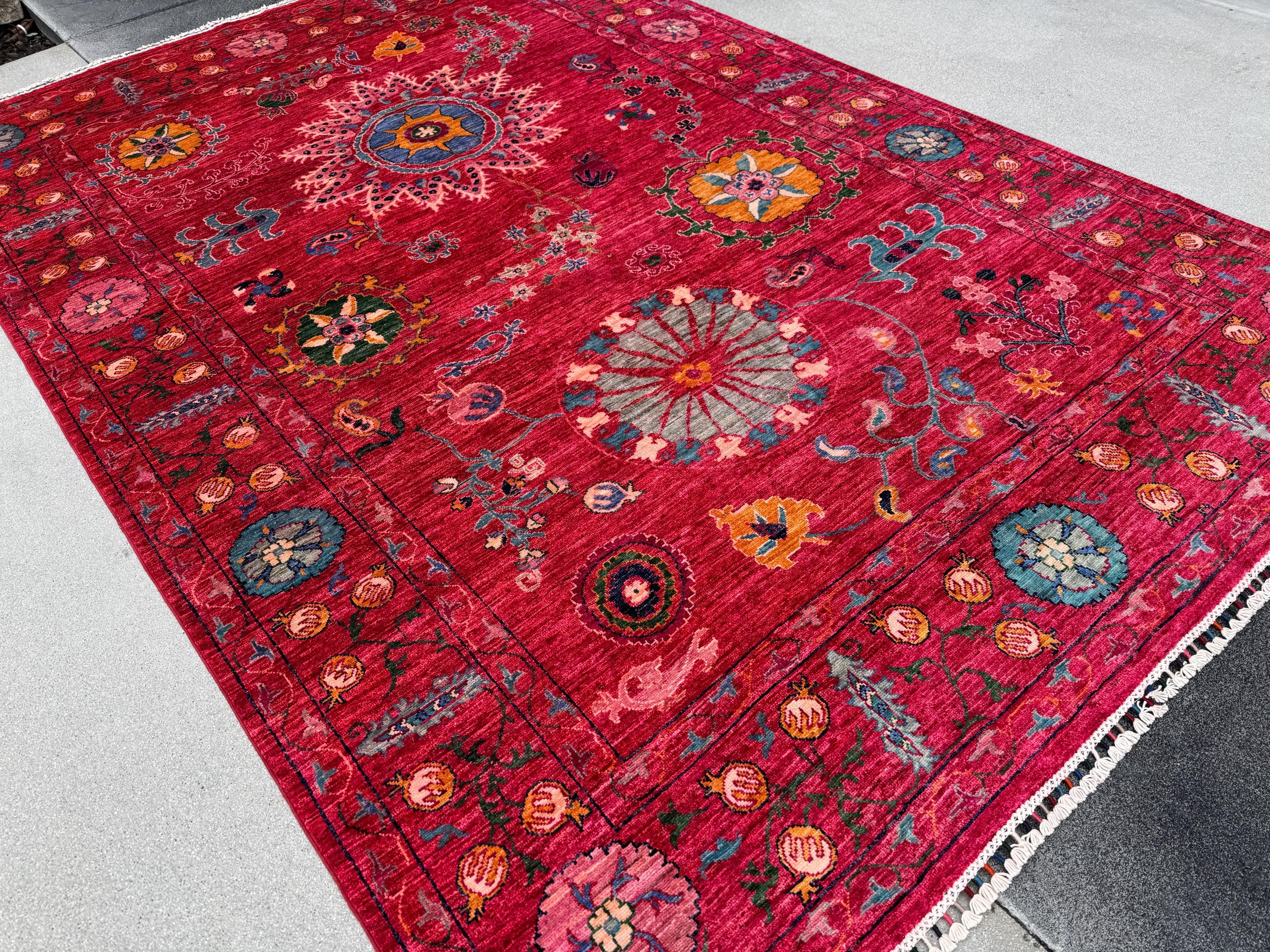 7x10 Handmade Afghan Wool Rug | Bold Floral Medallion Design | Red Statement Area Rug