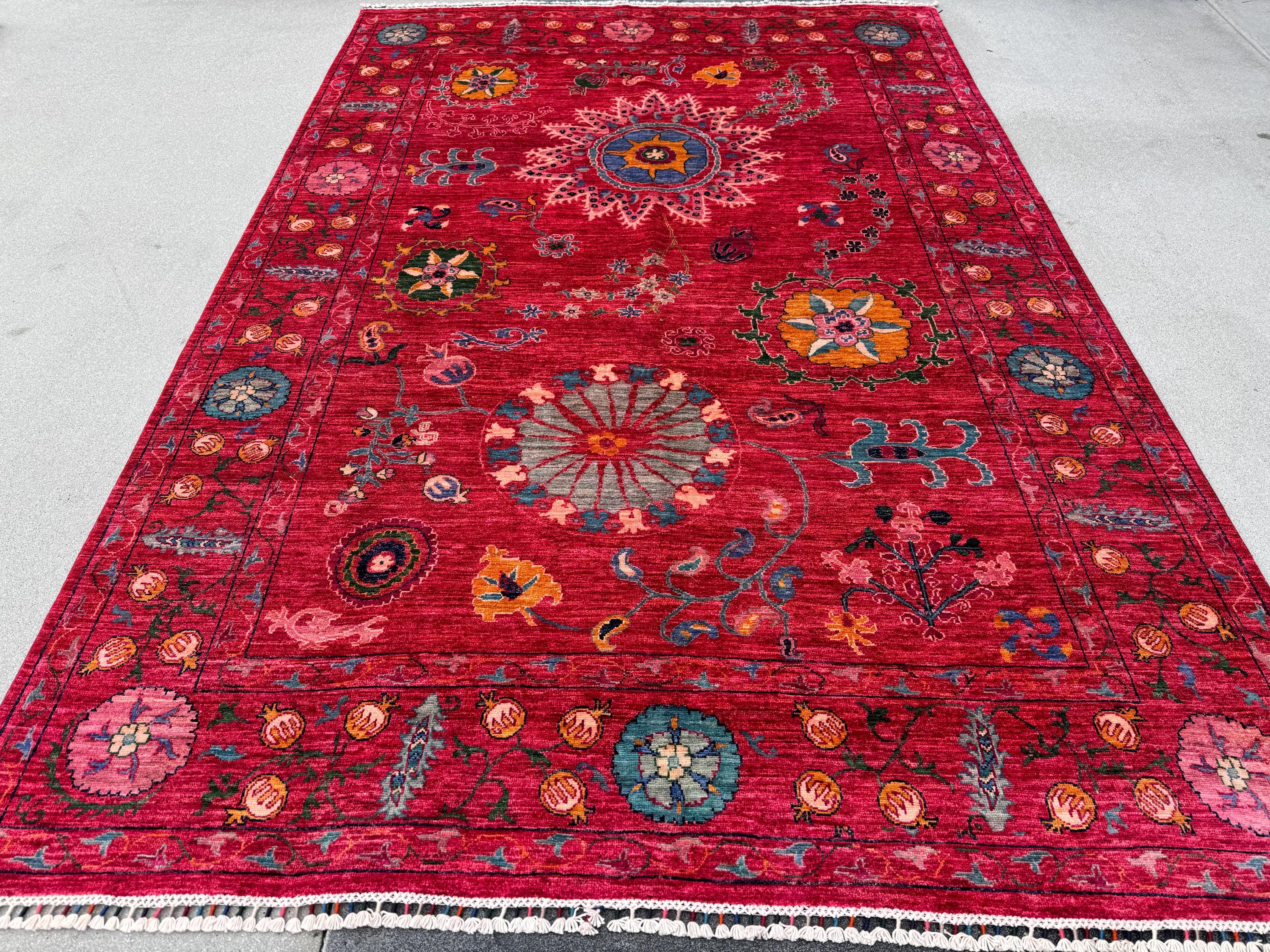 7x10 Handmade Afghan Wool Rug | Bold Floral Medallion Design | Red Statement Area Rug