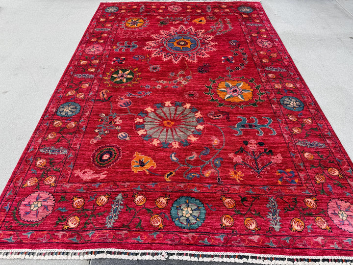 7x10 Handmade Afghan Wool Rug | Bold Floral Medallion Design | Red Statement Area Rug
