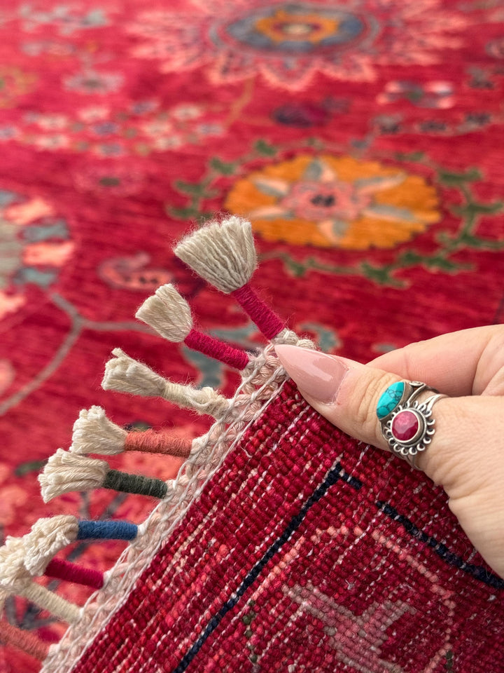 7x9 Handmade Afghan Wool Rug | Bold Floral Medallion Design | Red Statement Area Rug