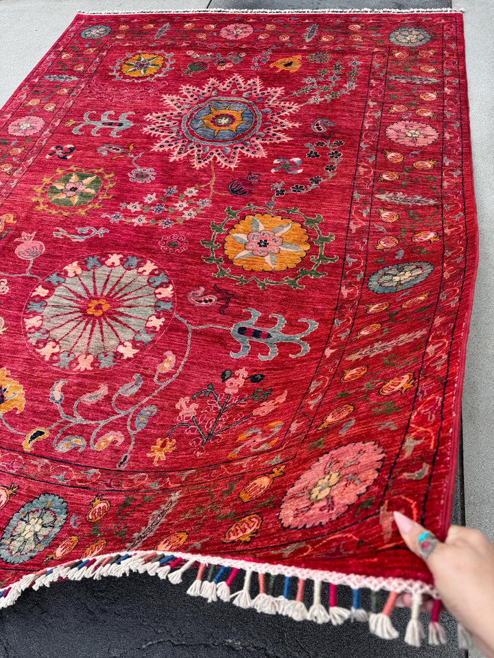 7x9 Handmade Afghan Wool Rug | Bold Floral Medallion Design | Red Statement Area Rug