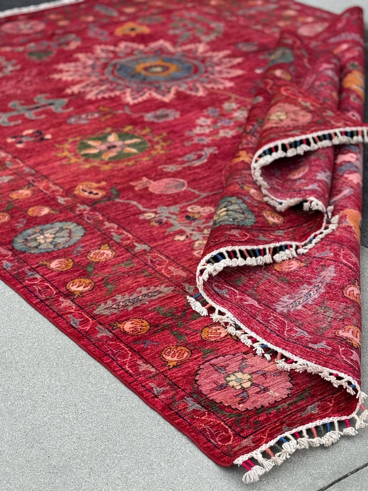 7x9 Handmade Afghan Wool Rug | Bold Floral Medallion Design | Red Statement Area Rug