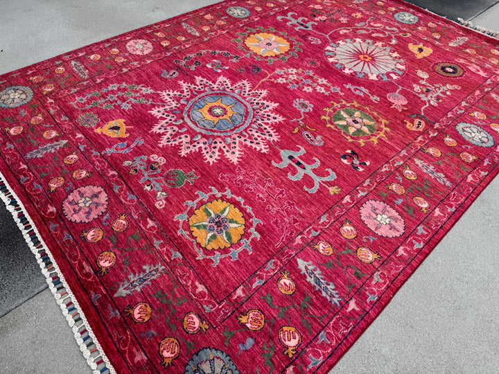 7x9 Handmade Afghan Wool Rug | Bold Floral Medallion Design | Red Statement Area Rug