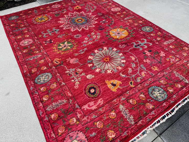 7x9 Handmade Afghan Wool Rug | Bold Floral Medallion Design | Red Statement Area Rug