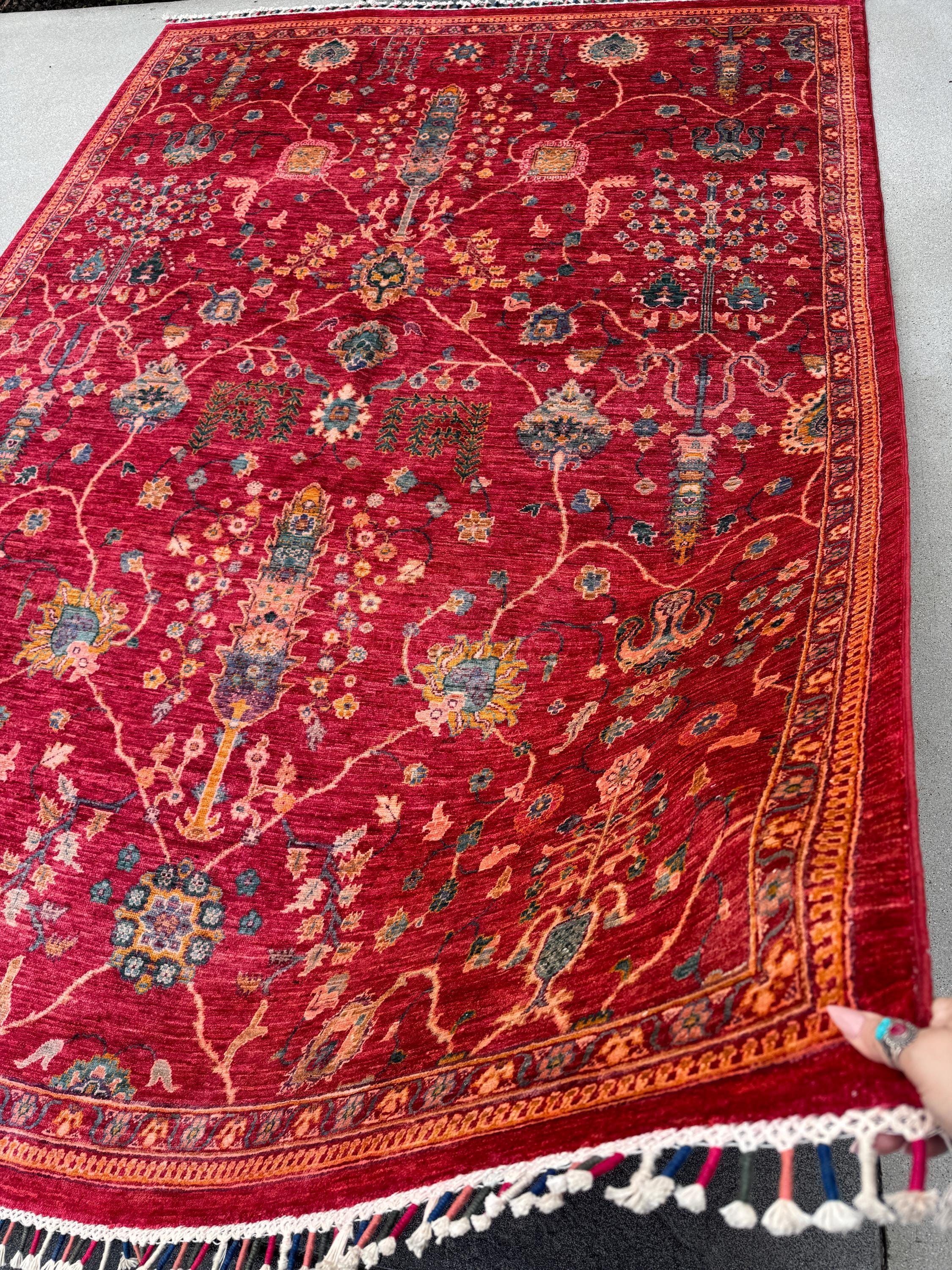 7x10 Handmade Afghan Wool Rug | Intricate Floral Vine Design | Red And Blue Area Rug