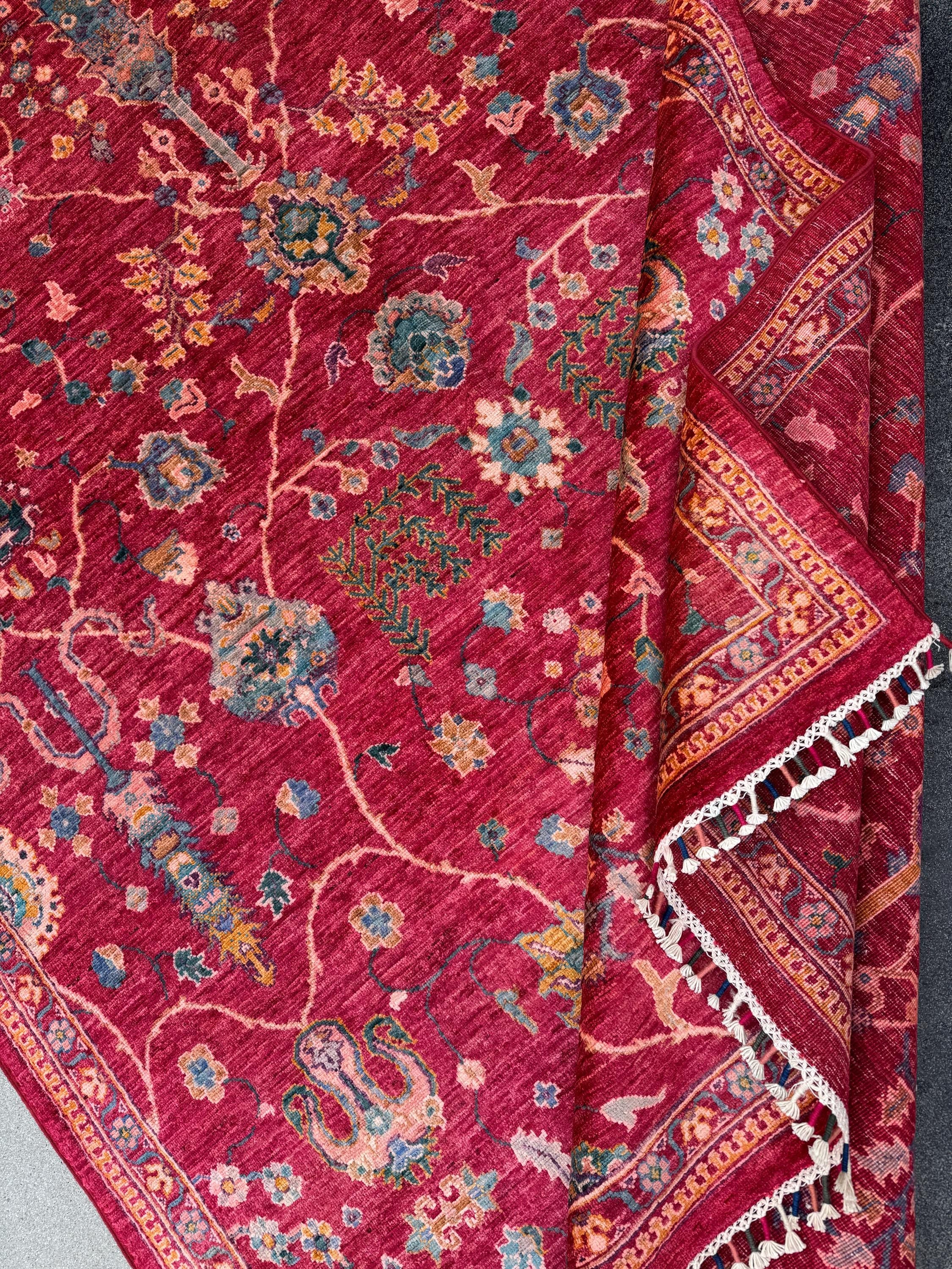 7x10 Handmade Afghan Wool Rug | Intricate Floral Vine Design | Red And Blue Area Rug