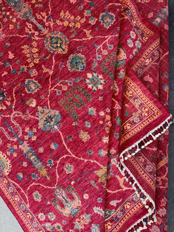 7x10 Handmade Afghan Wool Rug | Intricate Floral Vine Design | Red And Blue Area Rug
