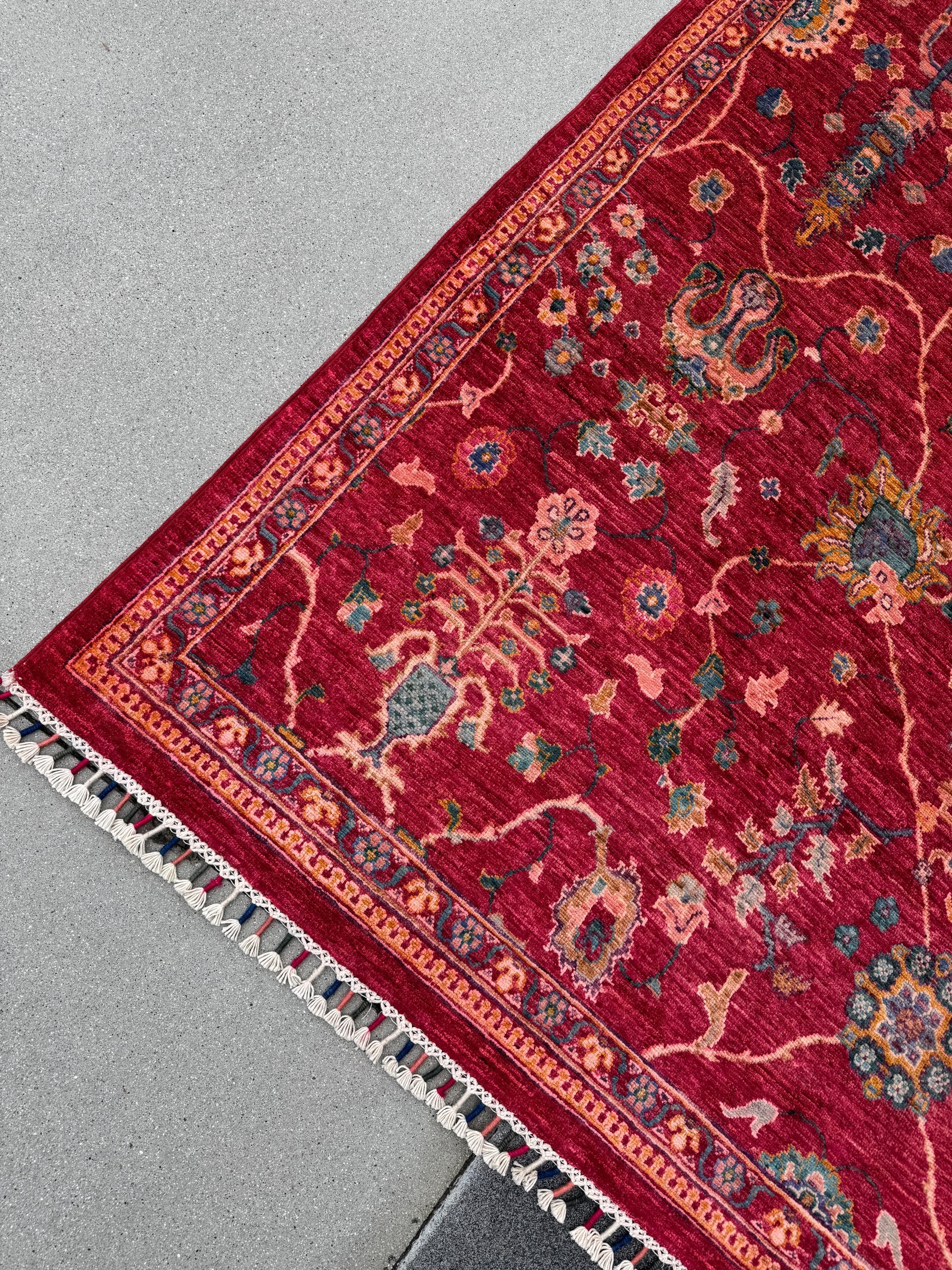 7x10 Handmade Afghan Wool Rug | Intricate Floral Vine Design | Red And Blue Area Rug