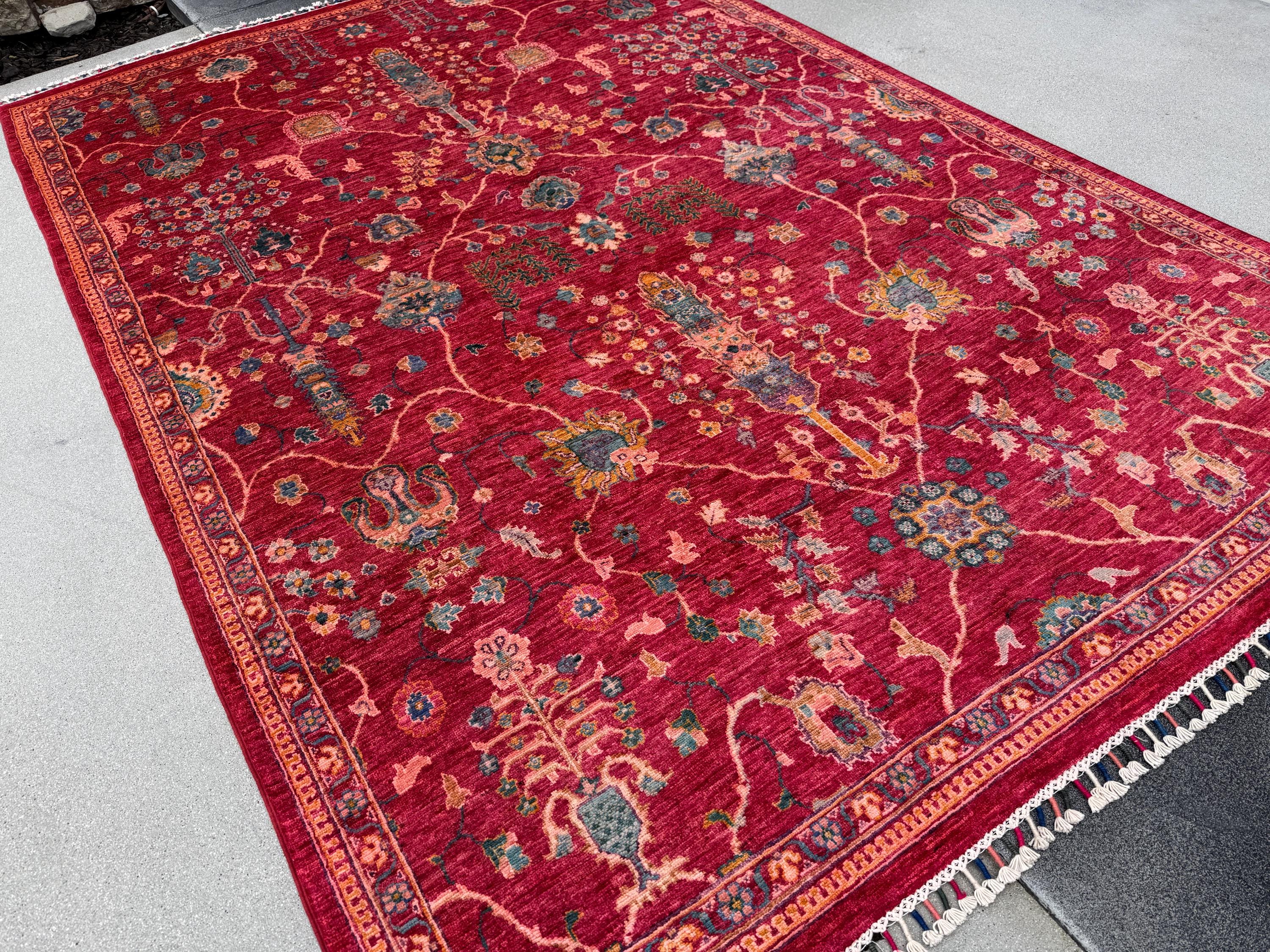 7x10 Handmade Afghan Wool Rug | Intricate Floral Vine Design | Red And Blue Area Rug