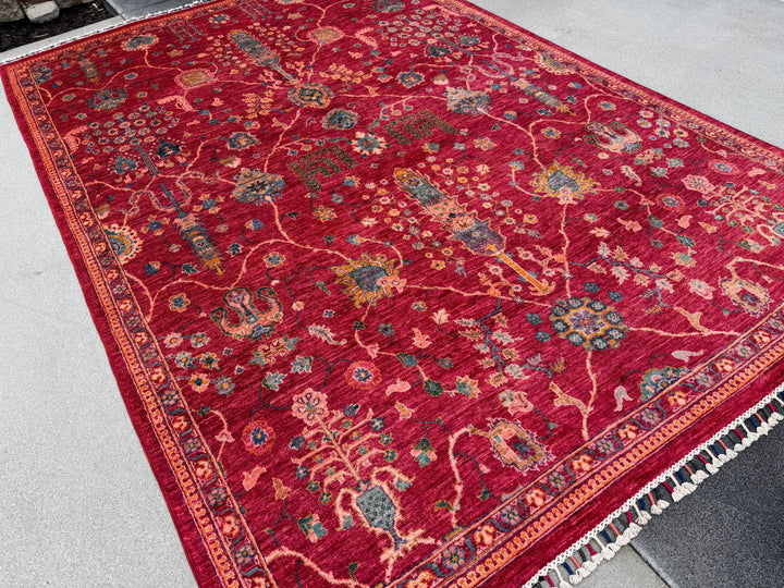 7x10 Handmade Afghan Wool Rug | Intricate Floral Vine Design | Red And Blue Area Rug