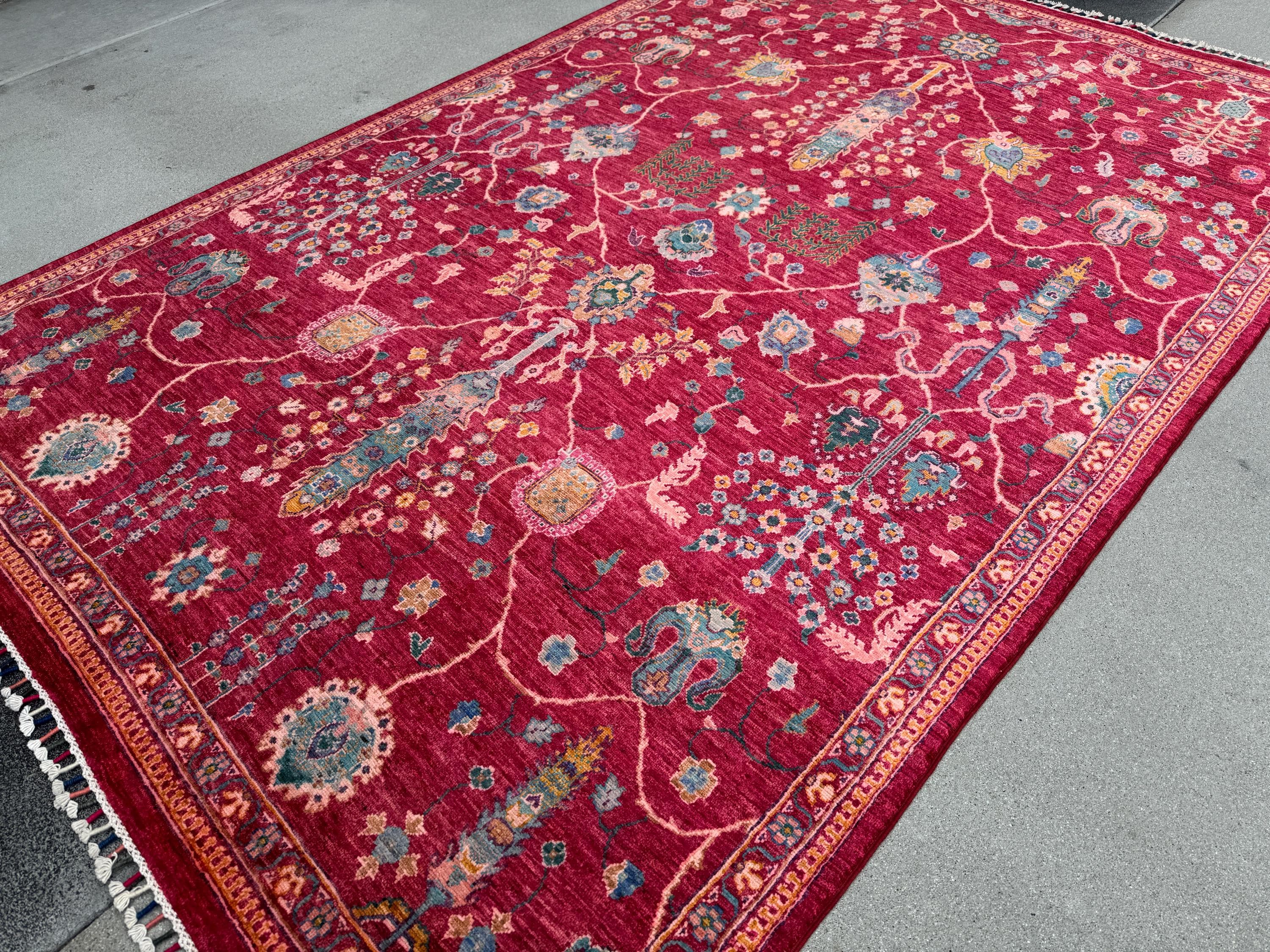 7x10 Handmade Afghan Wool Rug | Intricate Floral Vine Design | Red And Blue Area Rug