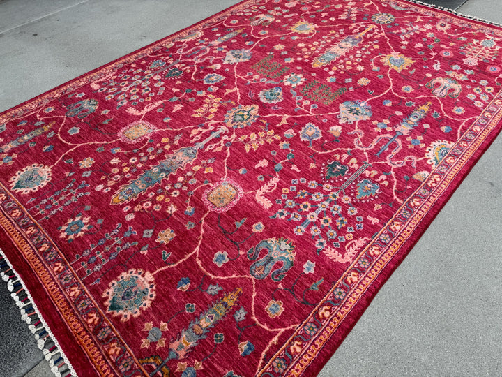 7x10 Handmade Afghan Wool Rug | Intricate Floral Vine Design | Red And Blue Area Rug