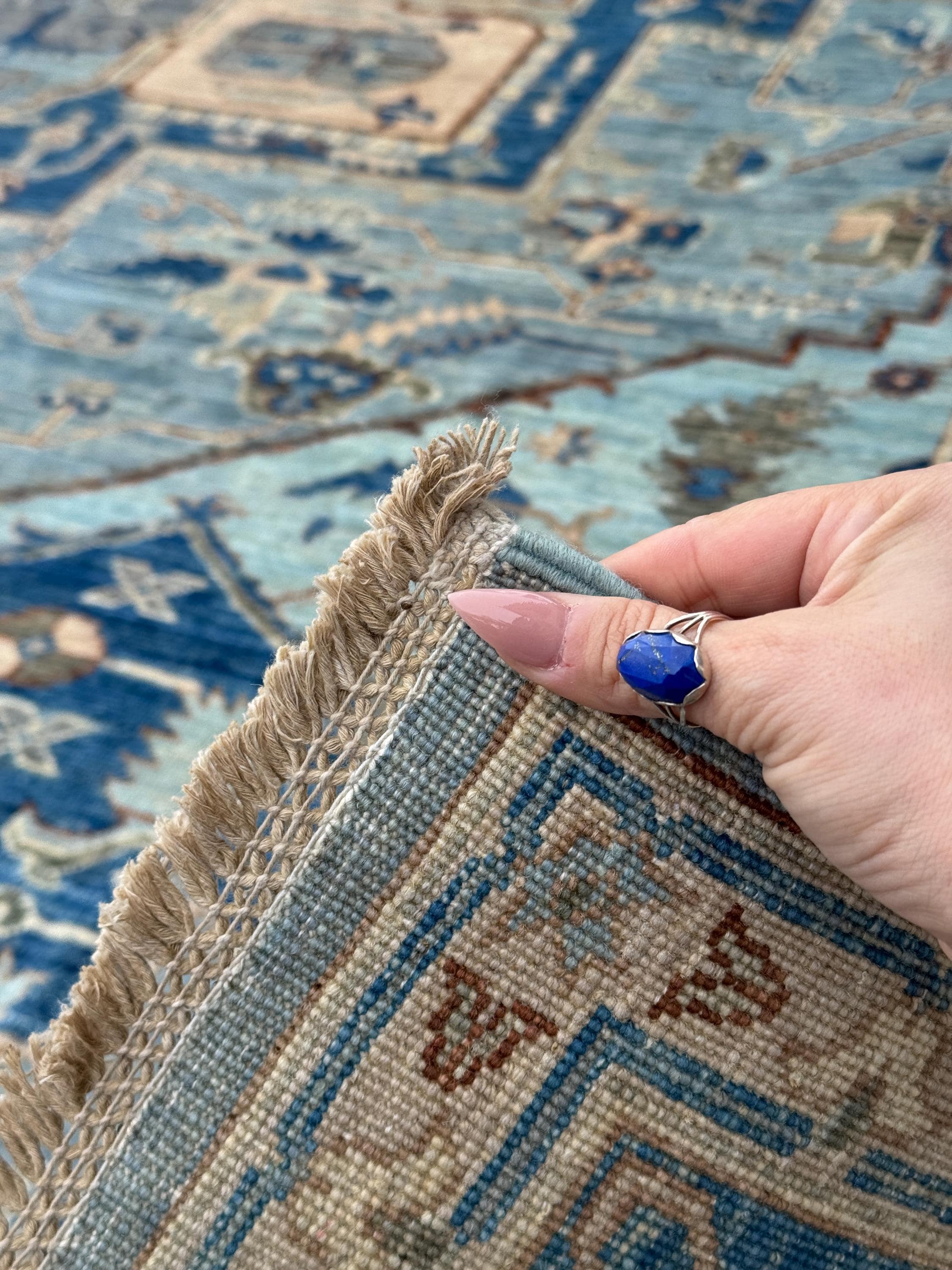 9x12 Handmade Afghan Wool Rug | Classic Medallion Design | Blue And Ivory Area Rug