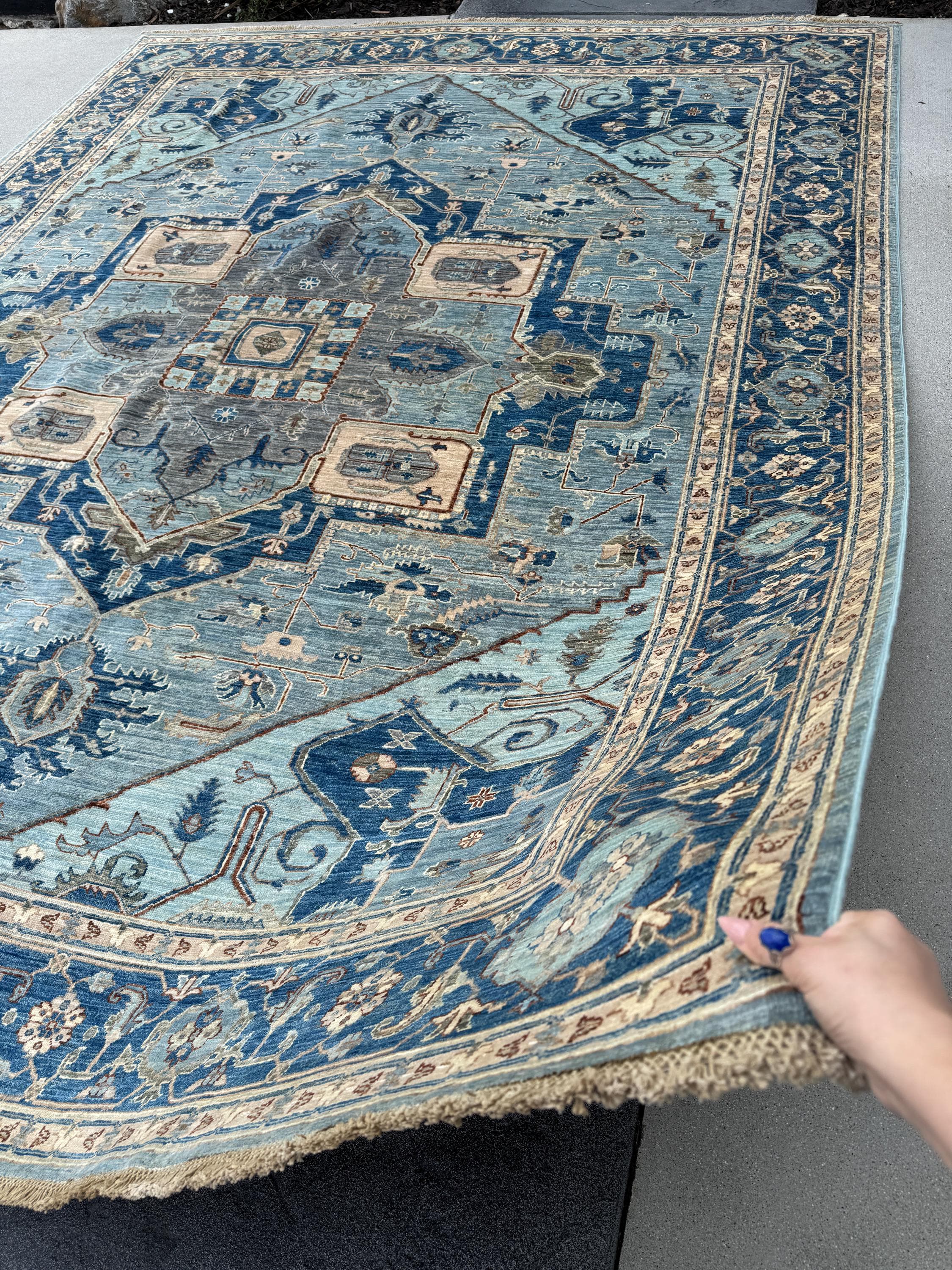 9x12 Handmade Afghan Wool Rug | Classic Medallion Design | Blue And Ivory Area Rug