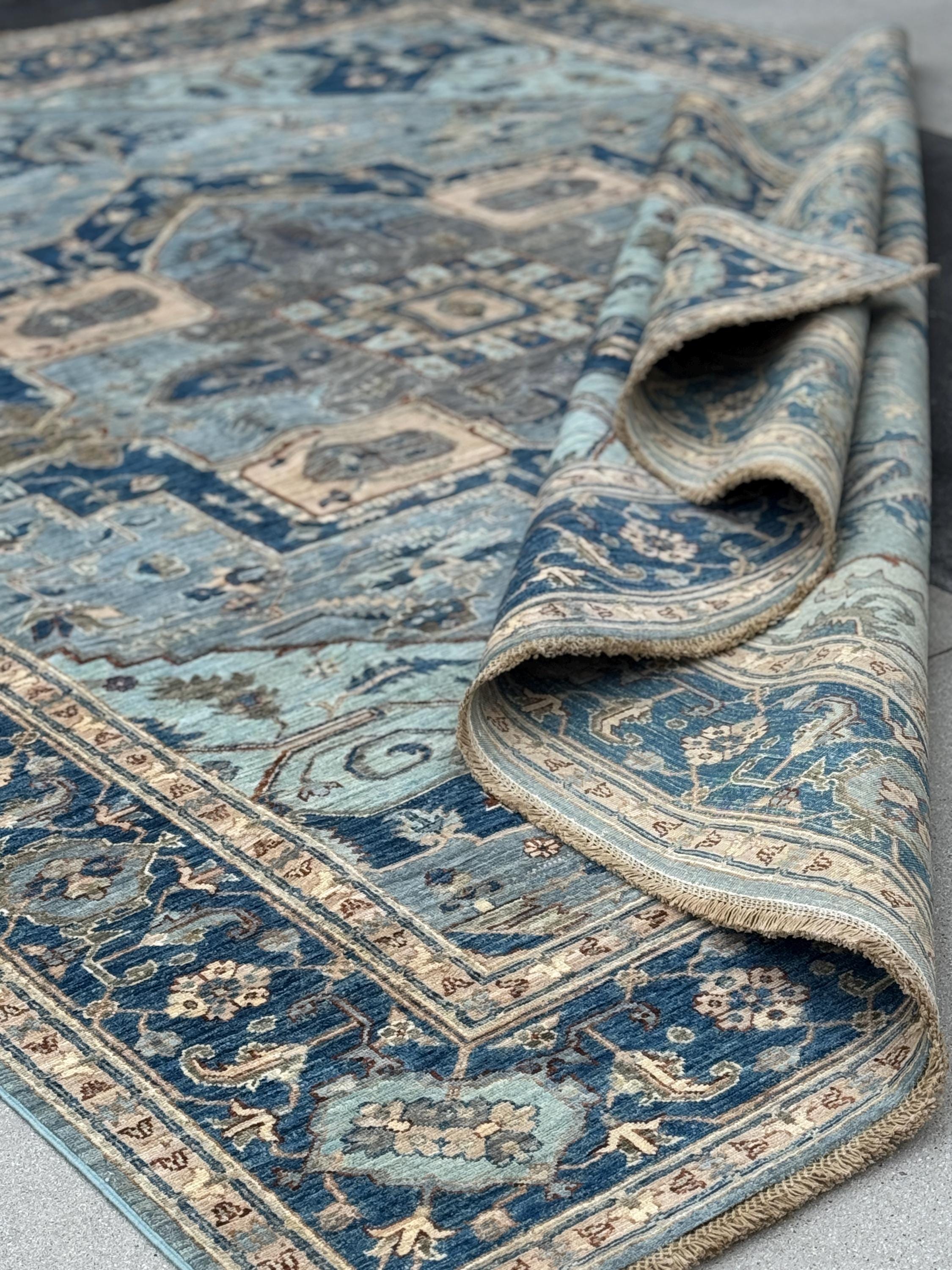 9x12 Handmade Afghan Wool Rug | Classic Medallion Design | Blue And Ivory Area Rug