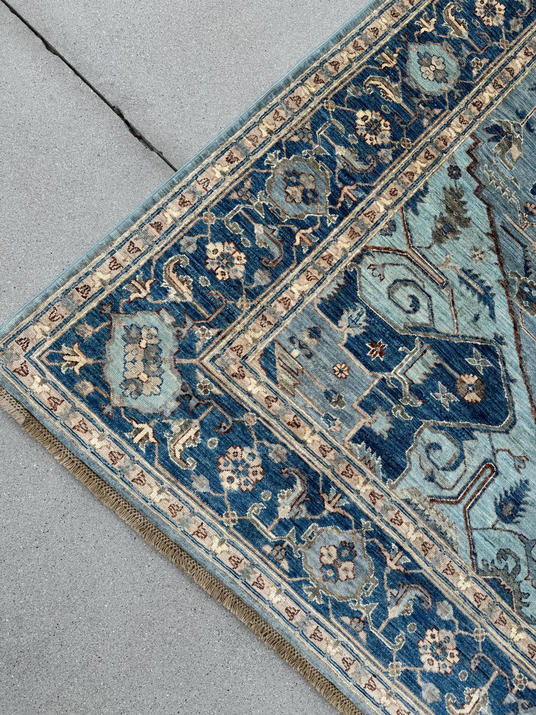 9x12 Handmade Afghan Wool Rug | Classic Medallion Design | Blue And Ivory Area Rug