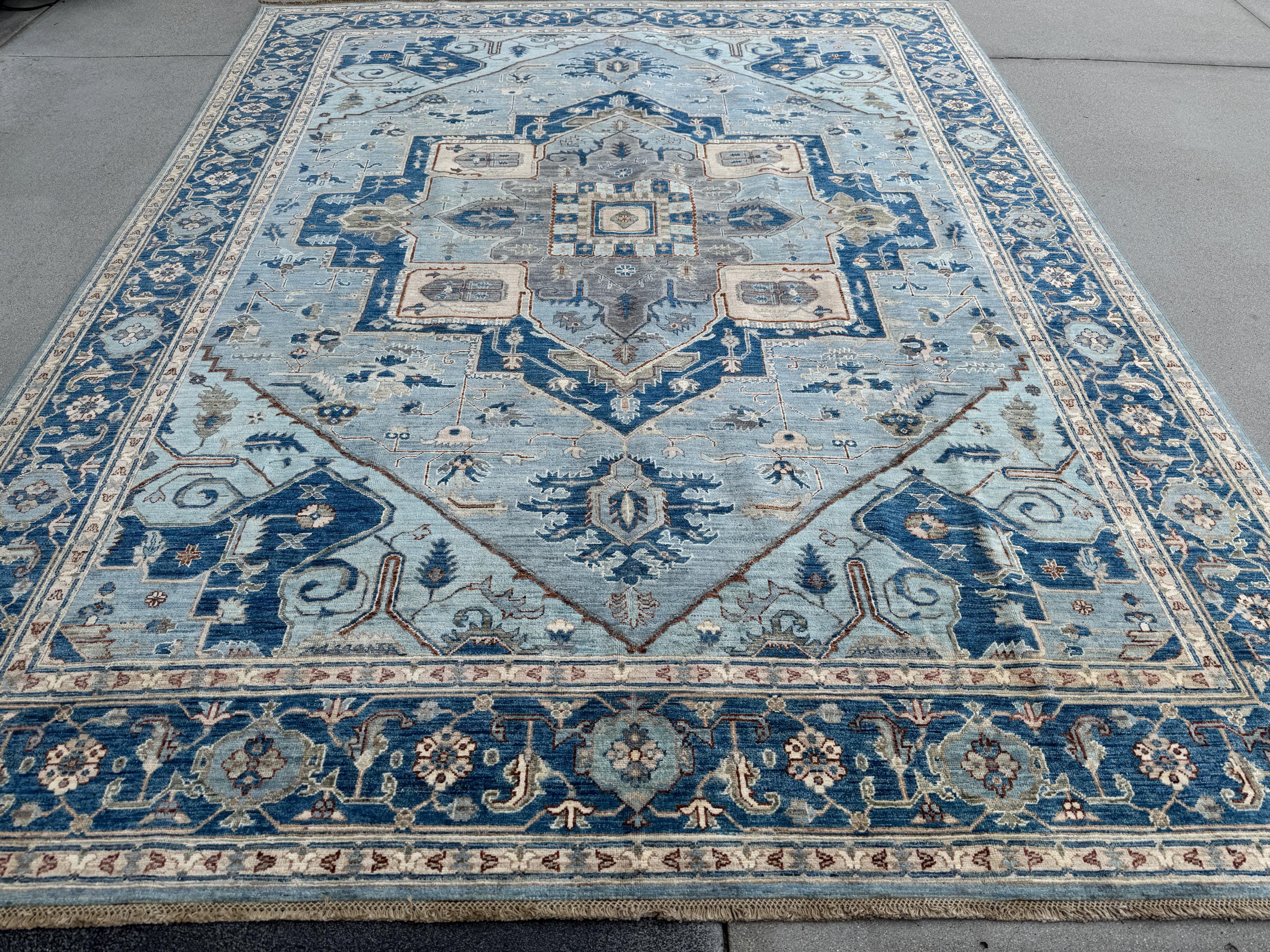 9x12 Handmade Afghan Wool Rug | Classic Medallion Design | Blue And Ivory Area Rug