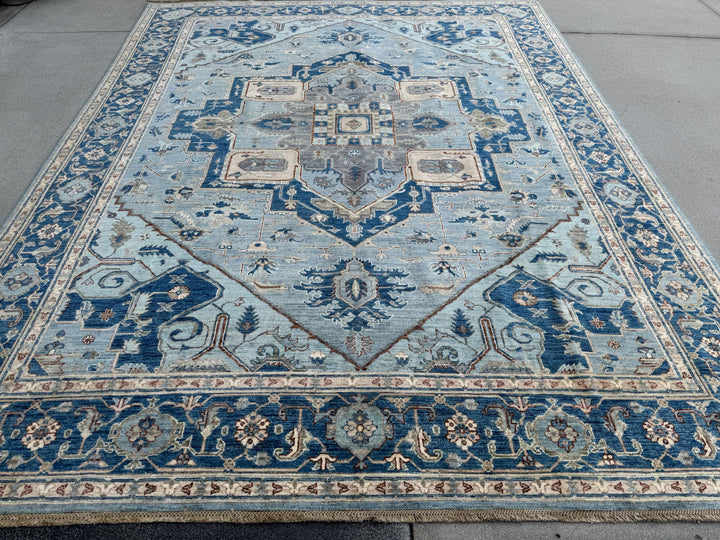 9x12 Handmade Afghan Wool Rug | Classic Medallion Design | Blue And Ivory Area Rug