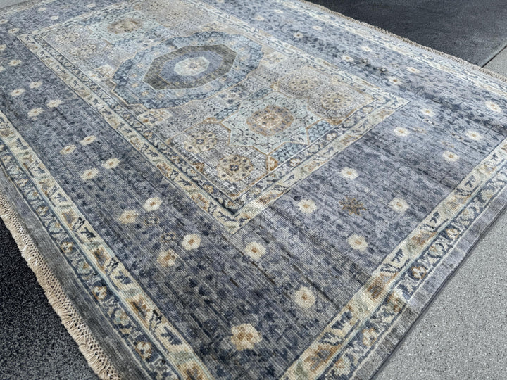 4x6 Handmade Afghan Wool Rug | Soft Medallion Mamluk Design | Blue And Ivory Area Rug