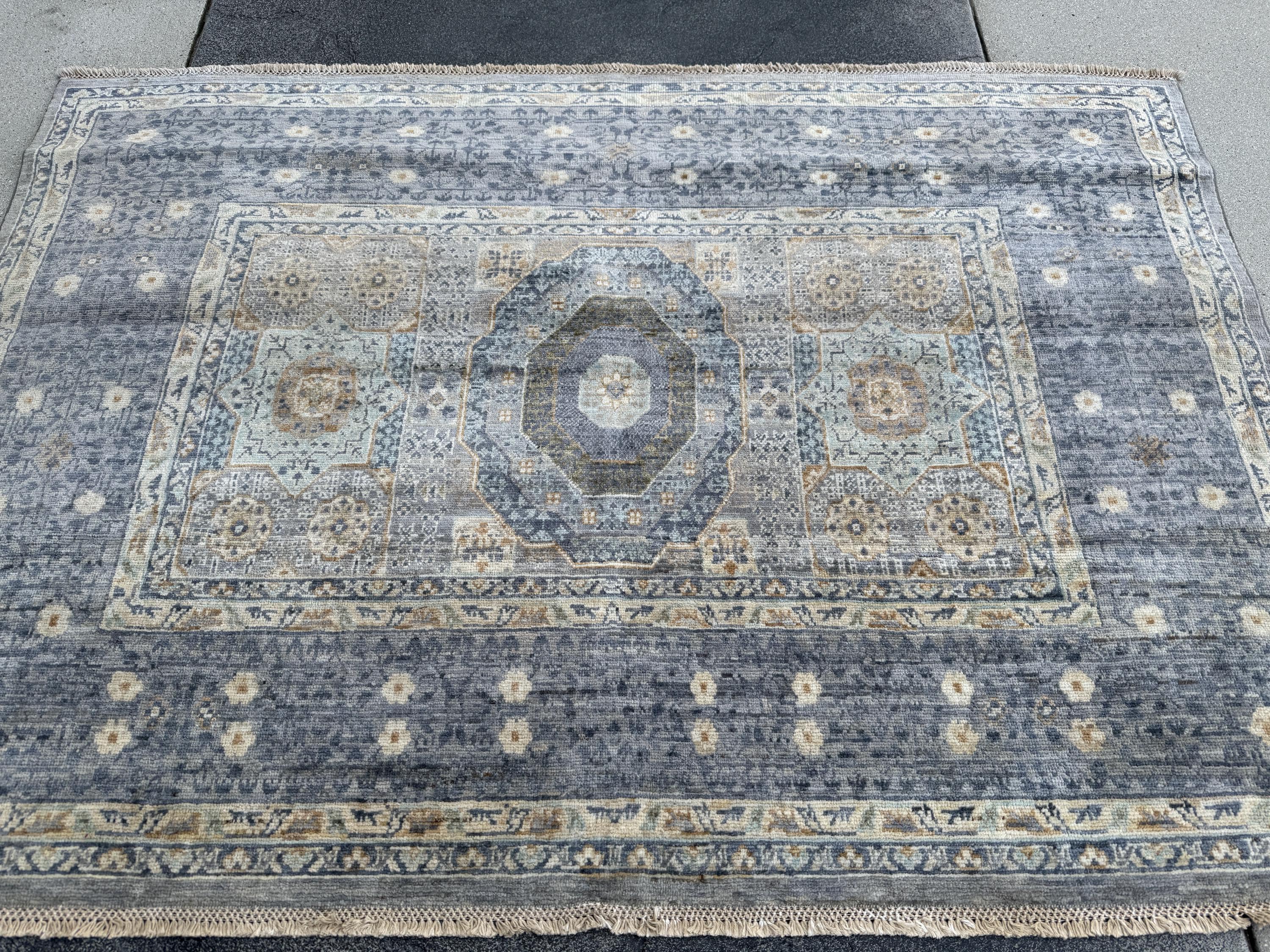 4x6 Handmade Afghan Wool Rug | Soft Medallion Mamluk Design | Blue And Ivory Area Rug