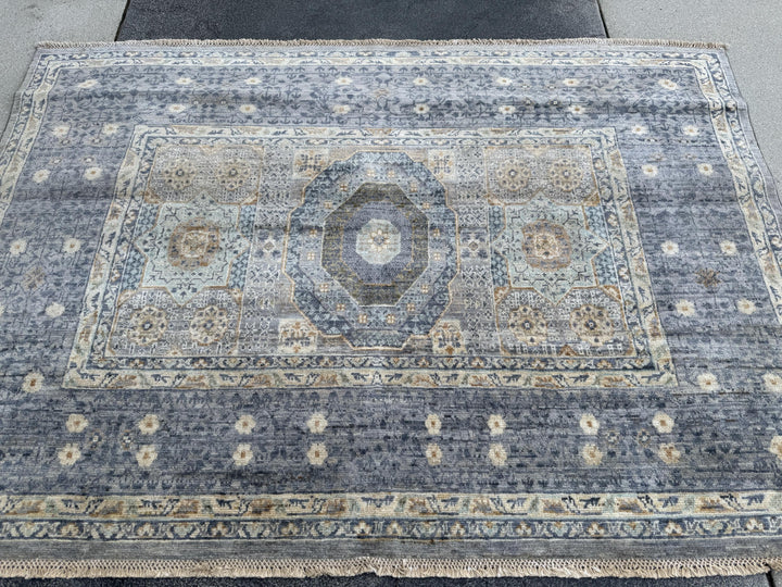 4x6 Handmade Afghan Wool Rug | Soft Medallion Mamluk Design | Blue And Ivory Area Rug