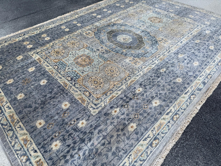 4x6 Handmade Afghan Wool Rug | Soft Medallion Mamluk Design | Blue And Ivory Area Rug