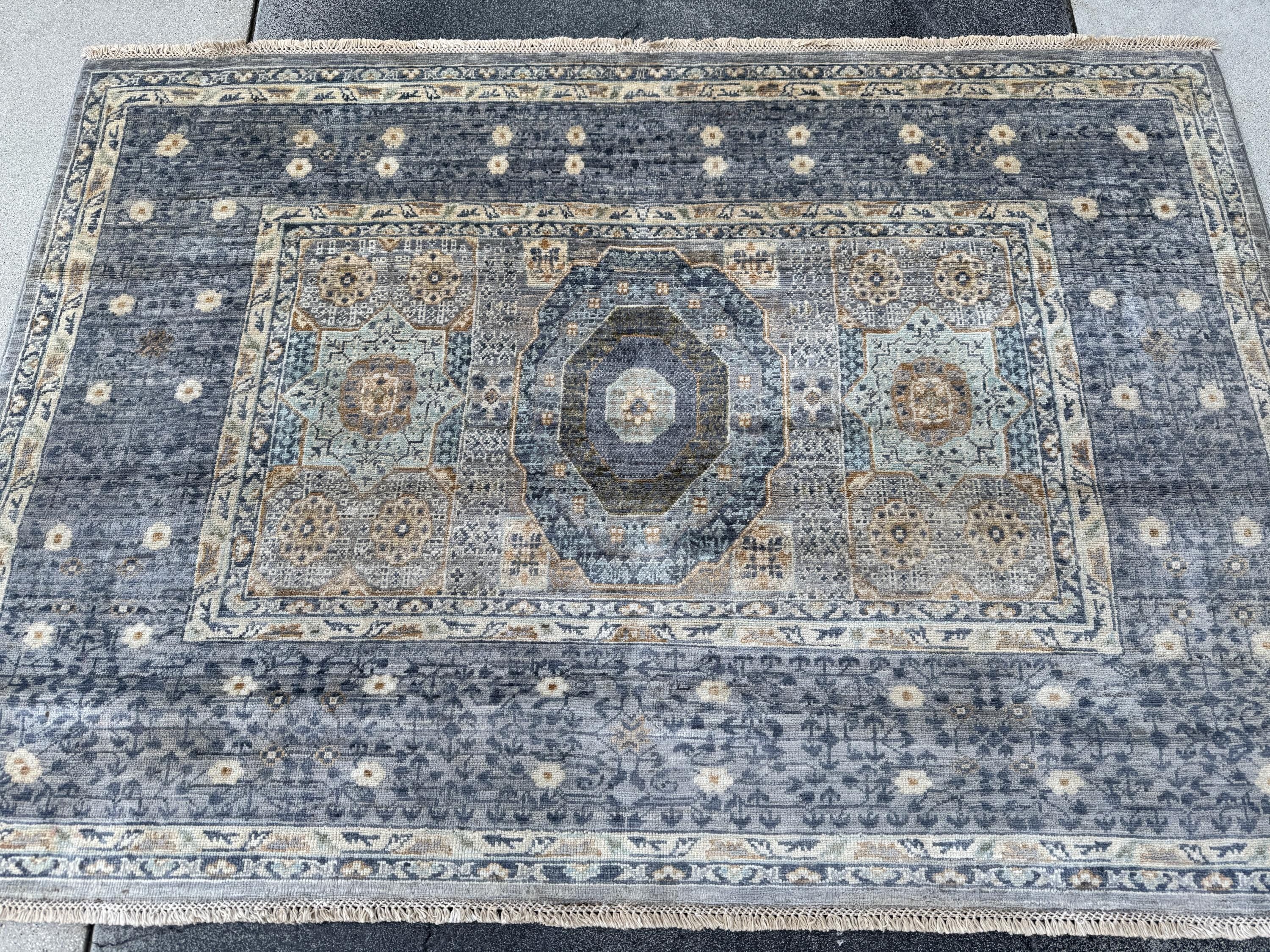 4x6 Handmade Afghan Wool Rug | Soft Medallion Mamluk Design | Blue And Ivory Area Rug