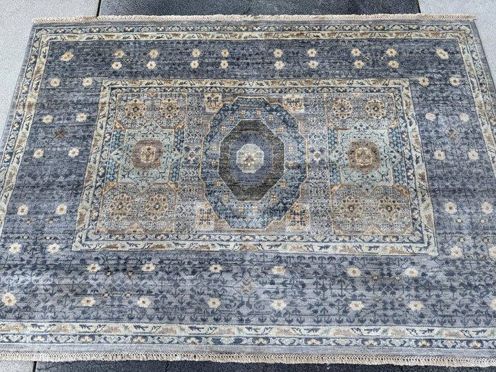 4x6 Handmade Afghan Wool Rug | Soft Medallion Mamluk Design | Blue And Ivory Area Rug