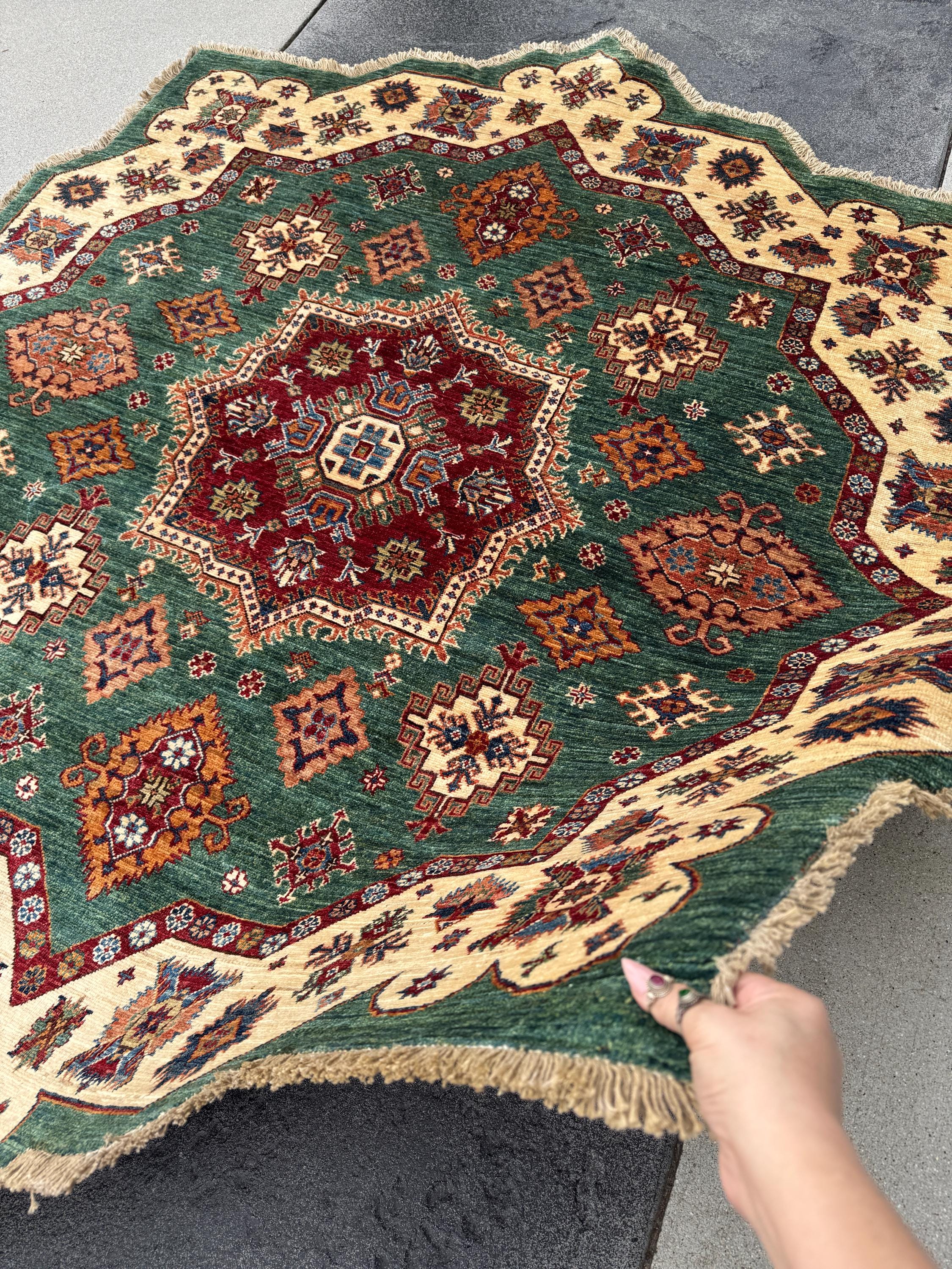 7x7 Round Handmade Afghan Wool Rug | Scalloped Tribal Medallion Star | Green And Ivory Area Rug