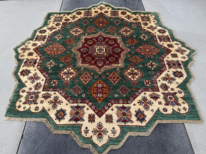7x7 Round Handmade Afghan Wool Rug | Scalloped Tribal Medallion Star | Green And Ivory Area Rug